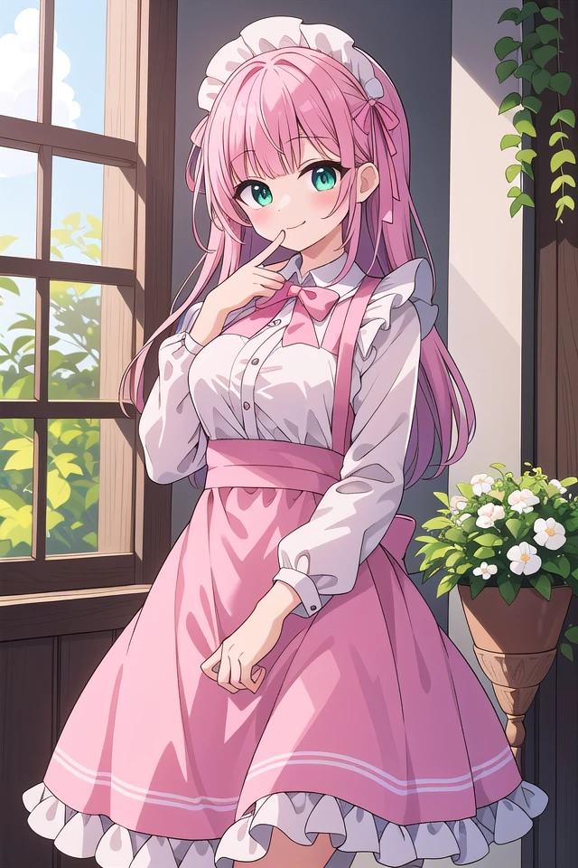 insanely detailed, absurdres, ultra-highres, ultra-detailed, best quality,
1girl, solo, nice hands, perfect hands,
BREAK
apron, blush, bow, bowtie, frilled apron, frills, long sleeves, maid, maid apron, maid headdress, waist apron, white apron
BREAK
smile, closed mouth
BREAK
finger to mouth, index finger raised, shushing, cowboy shot, looking at viewer,
BREAK
slender, kawaii, perfect symmetrical face, ultra cute girl, ultra cute face, ultra detailed eyes, ultra detailed hair, ultra cute, ultra beautiful,
BREAK
day, flower, ivy, leaf, indoors, open door, plant, potted plant, vines, window,
BREAK
white (pink:1.2) hair, green eyes, long hair, medium breasts, bangs, eyebrows visible through hair,