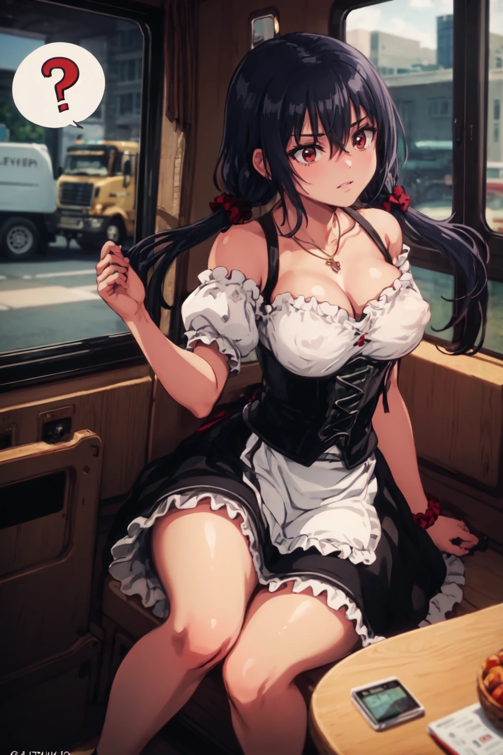 masterpiece, best quality, 1girl, solo, highway, <lora:Residence_Anya_v2-000144:0.9:lbw=MIDD>, maid, german clothes, dirndl, cleavage, necklace, jewelry, purple hair, low twintails, red eyes, hair between eyes, long hair, bare shoulders, black corset, scrunchie, large breasts, pointy breasts, covered nipples, apron, short skirt, bare legs, frills, brown loafers, (black shoulder straps:1.2), (confused:1.5), detached sleeves, puffy sleeves, short sleeves, (driving a semi trailer, truck interior:1.5), (question mark, speech bubble, hatena:1.5),