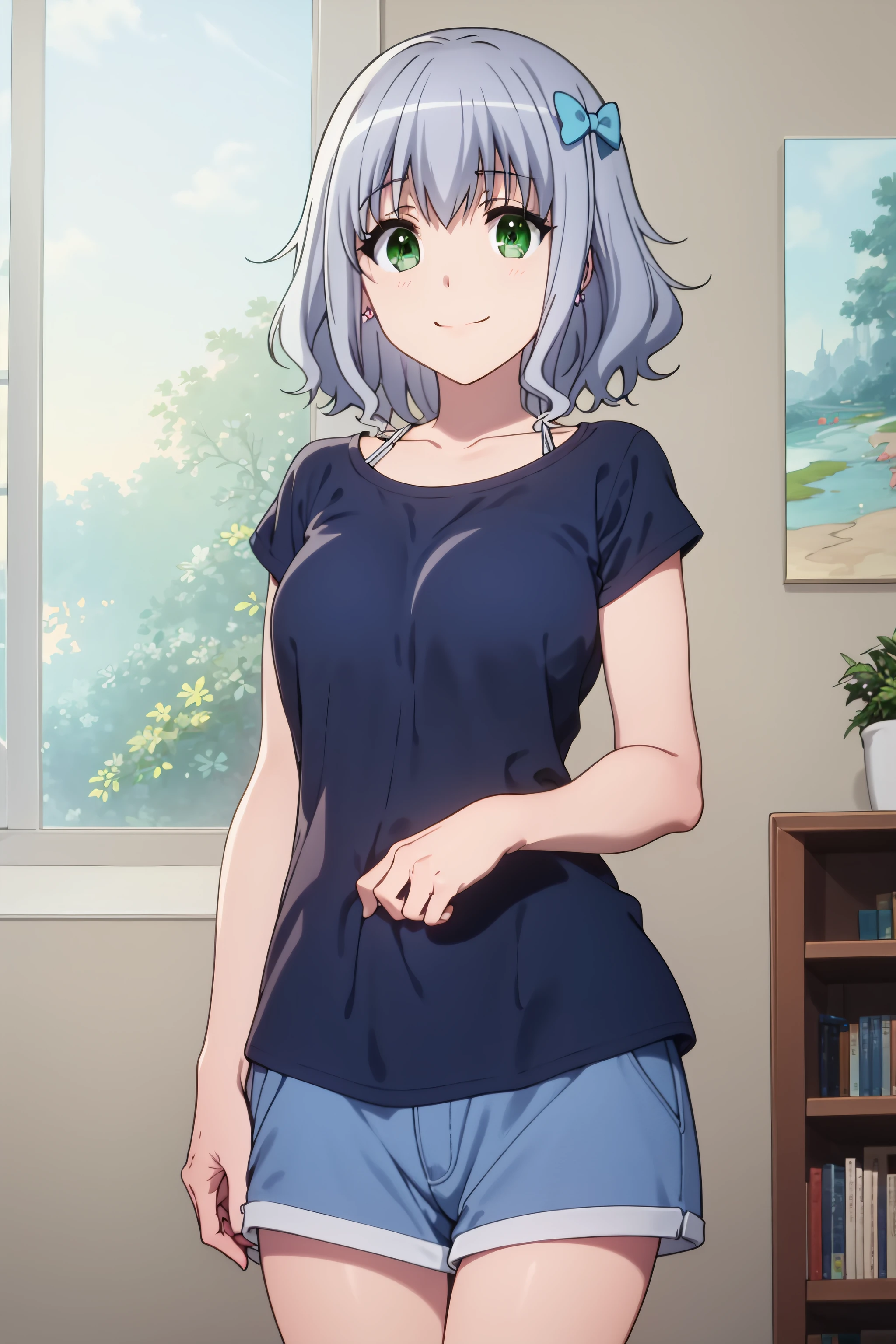 best quality, masterpiece, detailed,
<lora:AmagiBrilliantPark_Muse:0.8>, MuseAmagi,
light smile, closed mouth,
grey hair, green eyes, short hair, blue bow,
MuseHome, blue shirt, sleeveless, shorts,
standing, looking at viewer,
indoors