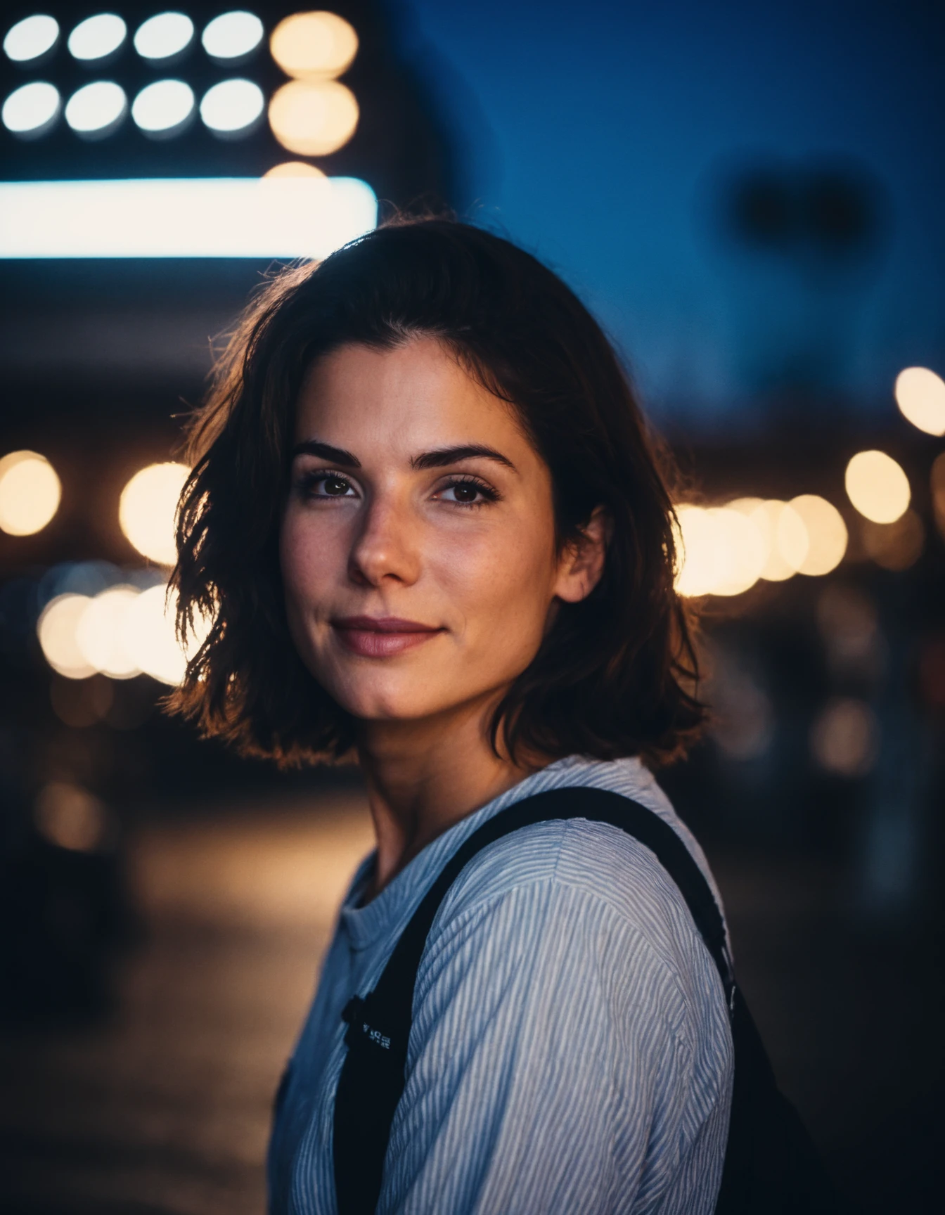 cinematic photo professional close-up portrait photography of the face of a beautiful (((ohwx woman))) at trade school during Night, Nikon Z9 <lora:bullock_dh128_v1-step00008000:1.1> . 35mm photograph, film, bokeh, professional, 4k, highly detailed
