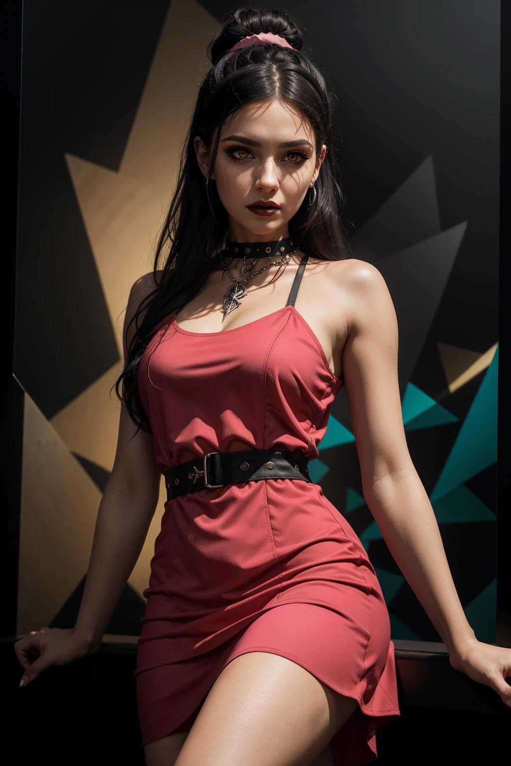 (best quality, masterpiece, detailed, 8k)
breathtaking ,RAW, realistic,
<lora:Tools Add Detail:0.3>
NSFW, RAW, realistic cinematic poster art photo, Enchanting female, Amber eyes, Downturned Eye Shape, Round Nose, High Cheekbones,, , Heart face shape with Pointed Chin, Natural "no-makeup" makeup, Jet Black Top knot hair, Disappointment, slender body, small breasts, wearing (edgPastelGoth dress, pink outfit:1.3), chain skirt, looking at viewer, Inscribing talismans with symbols, imbuing them with specific powers, long shot, (abstract background:1.5), (gothichorrorai, Illusory:1.3), Fog, shot from above
(masterpiece, award-winning, professional, HDR)