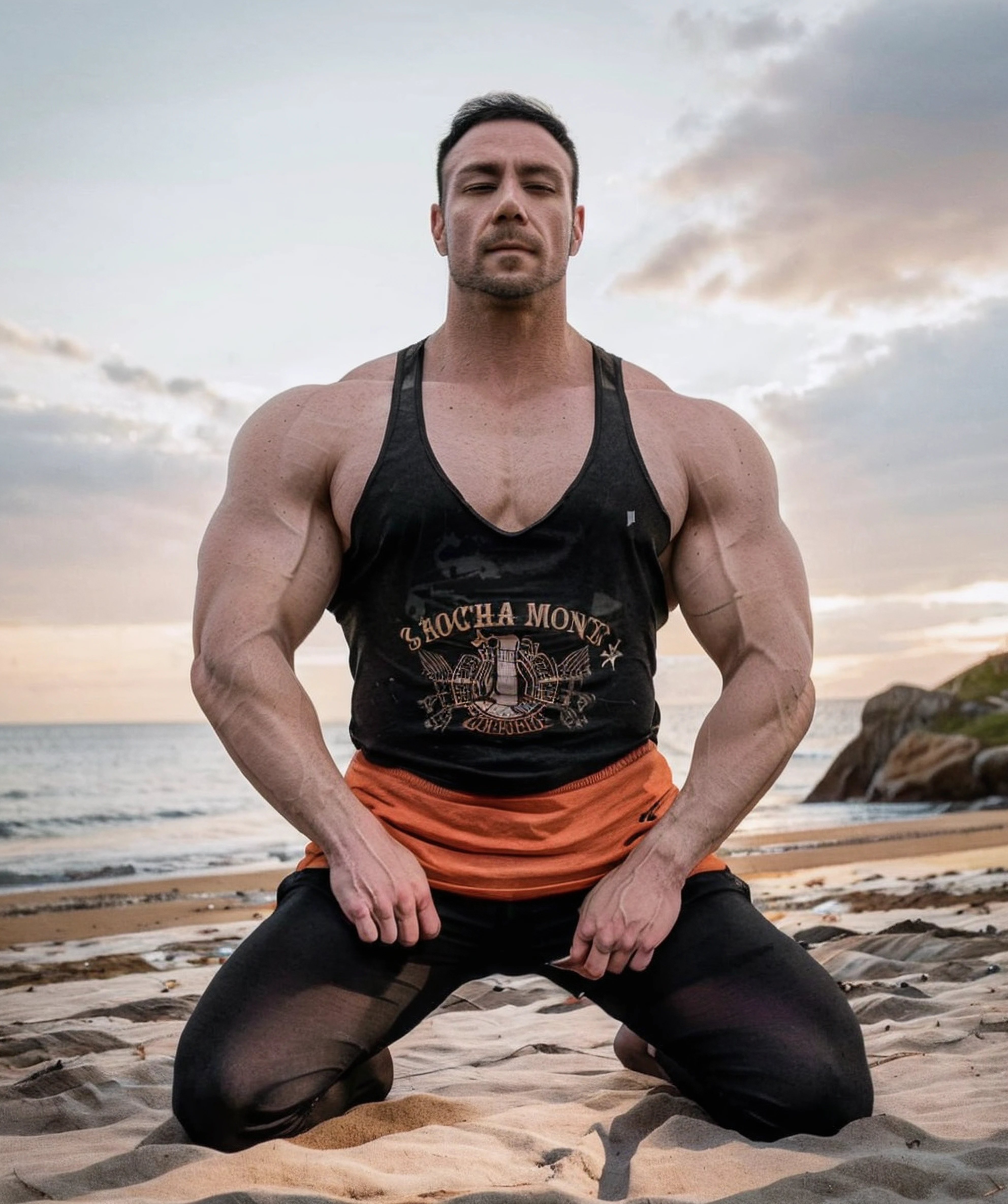 1man, male focus, noel_deyzel, (muscular, bodybuilder:1.2, big muscles), standing, (tanktop, black pants):1.21, kneeling, beach, sunset <lora:Noel_Deyzel:0.85>