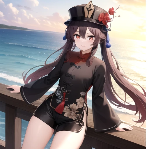 ((masterpiece)),(best quality),official art,extremely detailed CG,unity 8k wallpaper,ultra detailed,A lighthouse on a cliff by the sea,1girl,solo,cowboy shot,looking at viewer,short_shorts,black_shorts,hat,red_eyes,brown_hair,twintails,smile,chinese_clothes,long_sleeves,symbol-shaped_pupils,red eyes,black_headwear,very_long_hair,<lora:Hutao(gen)>,