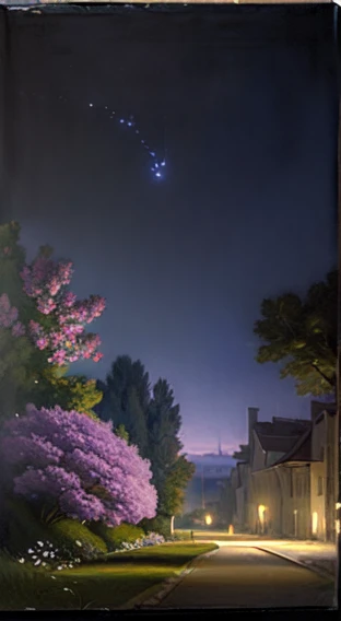 (Wide shot:1.5), (blurry:1.3), The scene is painted in oil in a romantic style, with shades of blue-violet, magenta and lilac enveloping the night garden in a magical atmosphere. The moonlight gently illuminates the tree and flowers, creating an ethereal and mysterious atmosphere. Moths flutter around the flowers, attracted by their sweet fragrance, while fireflies flicker softly, adding flashes of flashing light to the nightscape., Oil painting, Romanticism style