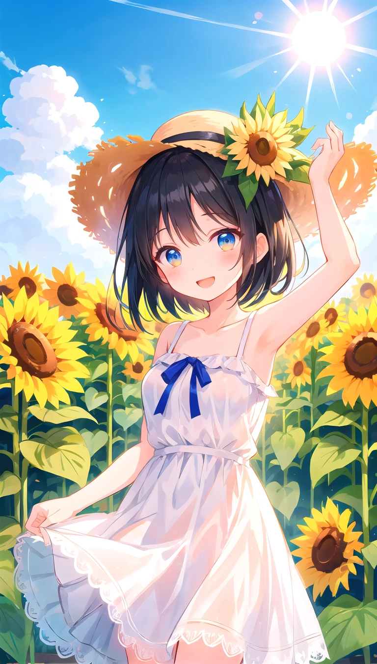 beautiful illustration, best quality, cute girl, view of sunflowers, white ????????, sun hat ribbon, blue sky, ecstatic expression, bright lighting, black hair