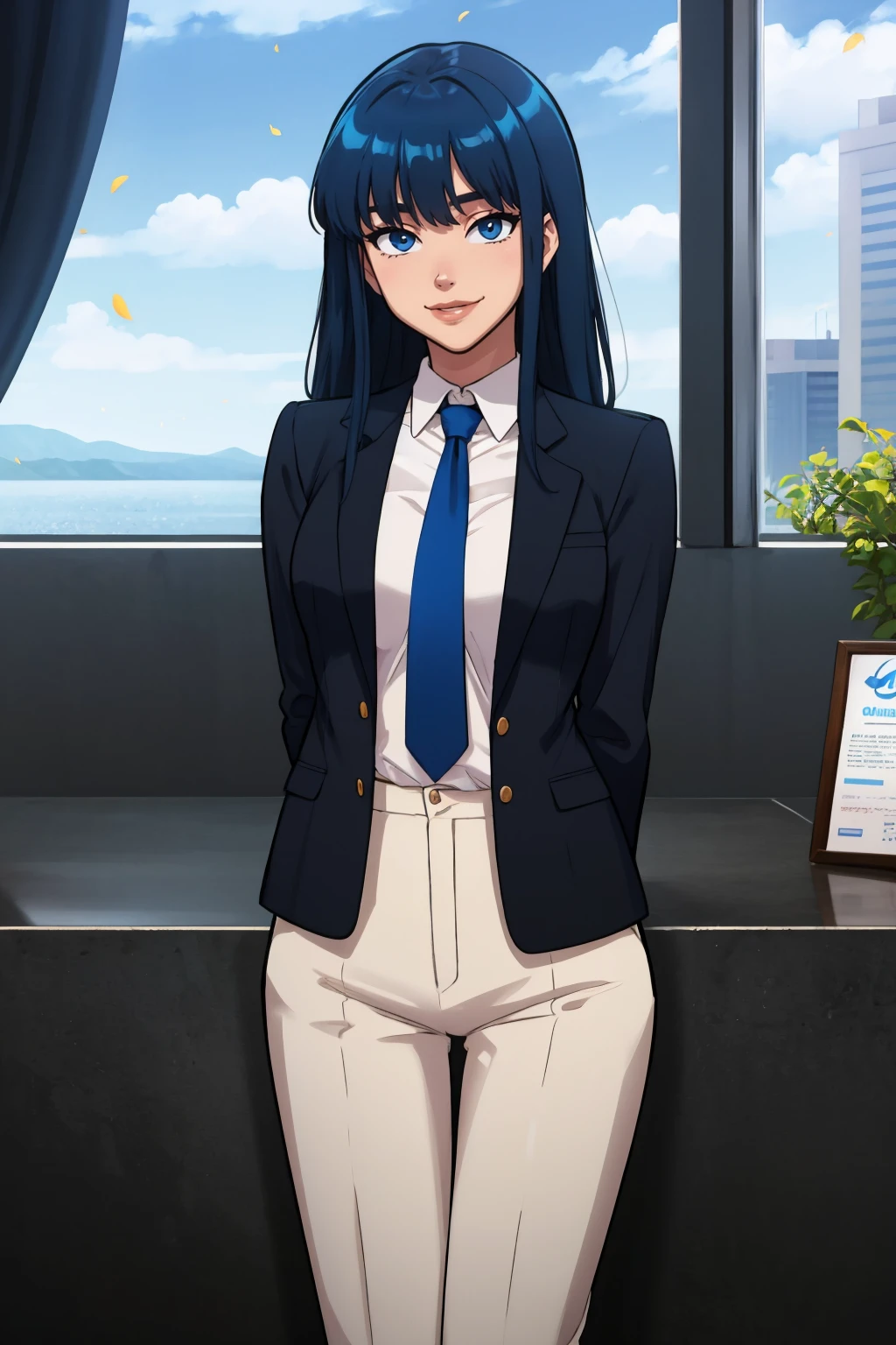 (masterpiece, best quality:1.2), <lora:mrpotatoparty:1>, mrpotatoparty, 1girl, solo, blue hair, necktie, long hair, formal, blue eyes, suit, black necktie, looking at viewer, shirt, white shirt, smile, pants, bangs, arms behind back, collared shirt, black pants, breasts, straight hair, jacket, black jacket, black suit, closed mouth, petals, medium breasts