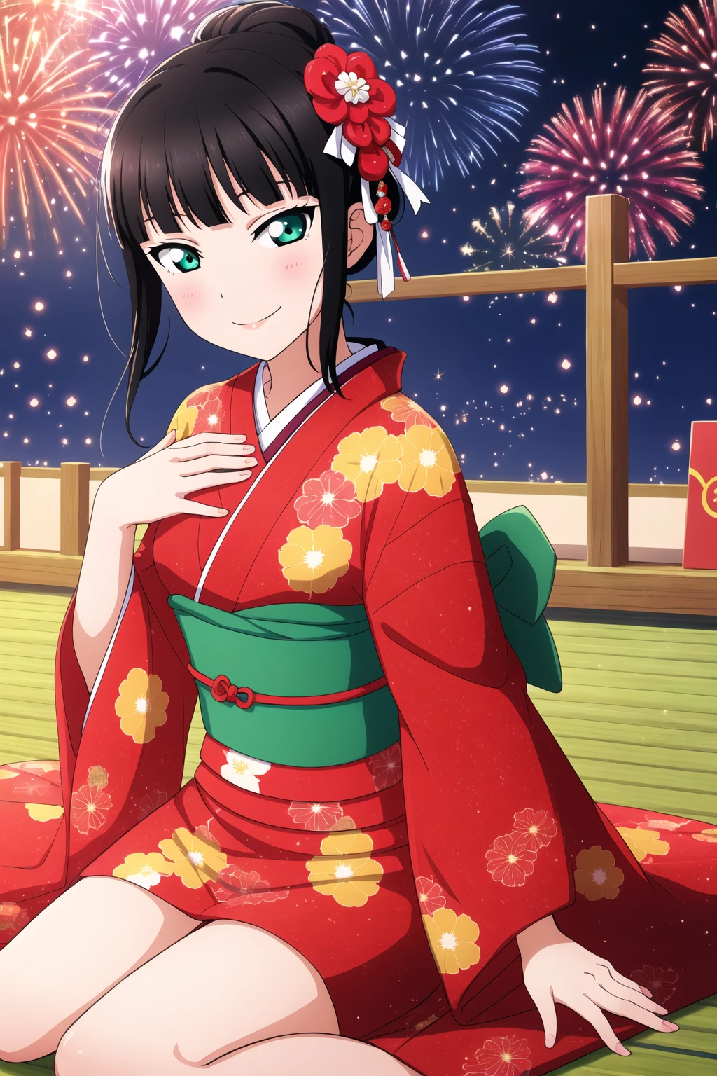 masterpiece, best quality, highres, absurdres, 1girl,
<lora:DiaKurosawa_Mistoon_Locon_CulturedDiffusion:0.6>, dia kurosawa, black hair, aqua eyes, mole under mouth,
kimono, hair ribbon ,
new year, festival, fireworks,
smirk, hand on own chest, sitting