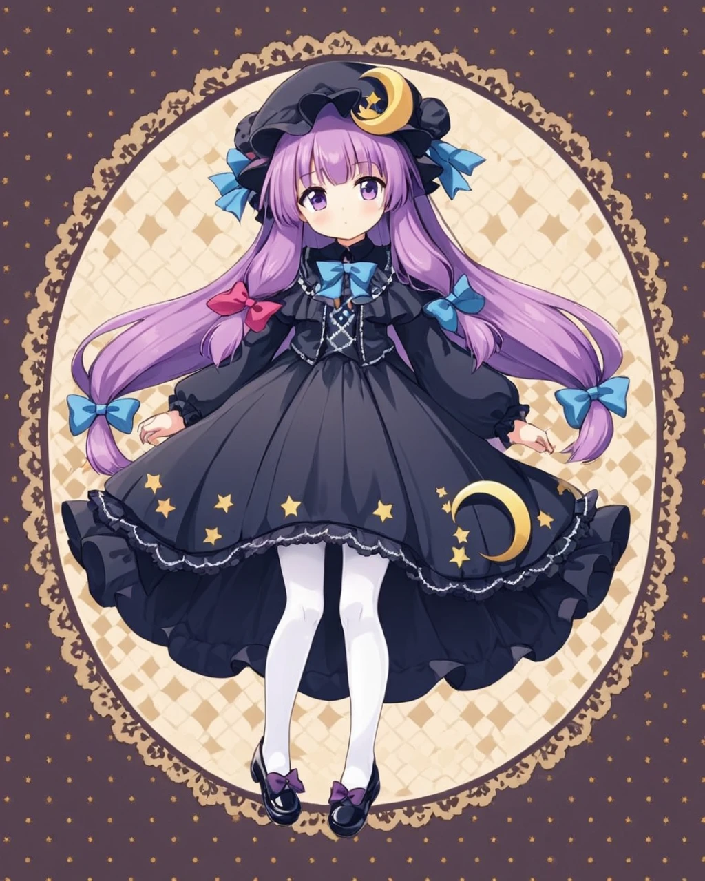 patchouli knowledge,1girl, solo, black_dress, hat, black_headwear, doily, argyle_background, full_body, crescent_hat_ornament, long_sleeves, black_footwear, hair_bow, sleeves_past_fingers, ta_fashion, closed_mouth, polka_dot, shoes, ribbon, double_bun, white_pantyhose, alternate_costume, looking_at_viewer, frilled_dress
<lora:patchouli_knowledge_image4909_2023-12-20-000009:1>,star-shaped_pupils,symbol-shaped_pupils,. gorgeous,key visual, vibrant, studio anime,award-winning, professional, highly detailed,high budget, cinemascope
