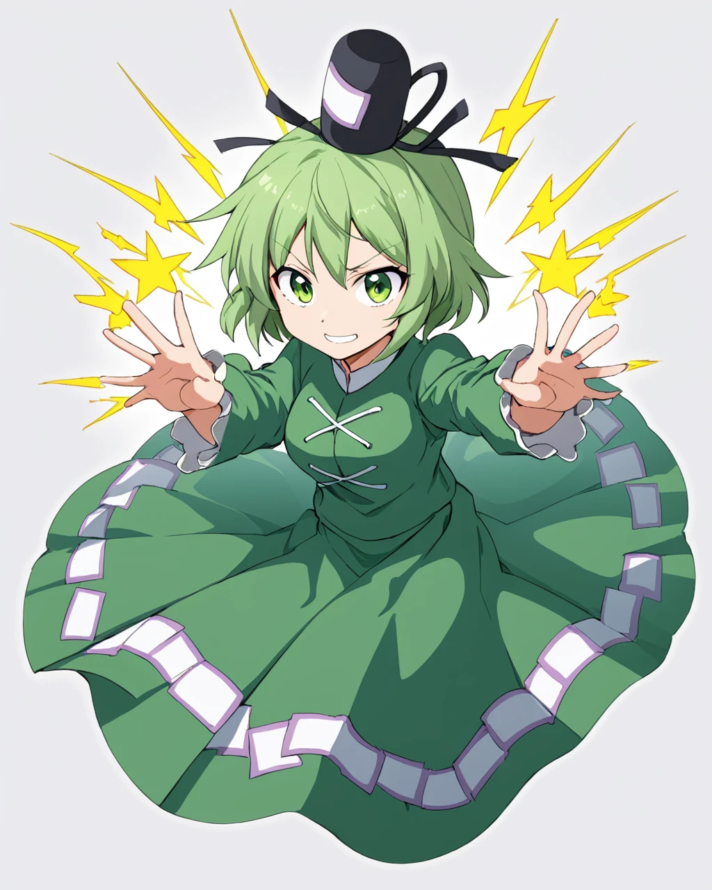 soga no tojiko,1girl, solo, ghost_tail, tate_eboshi, green_dress, clenched_teeth, white_background, simple_background, electricity
<lora:soga_no_tojiko_image2295_2023-12-20-000010:1>,star-shaped_pupils,symbol-shaped_pupils,. gorgeous,key visual, vibrant, studio anime,award-winning, professional, highly detailed,high budget, cinemascope