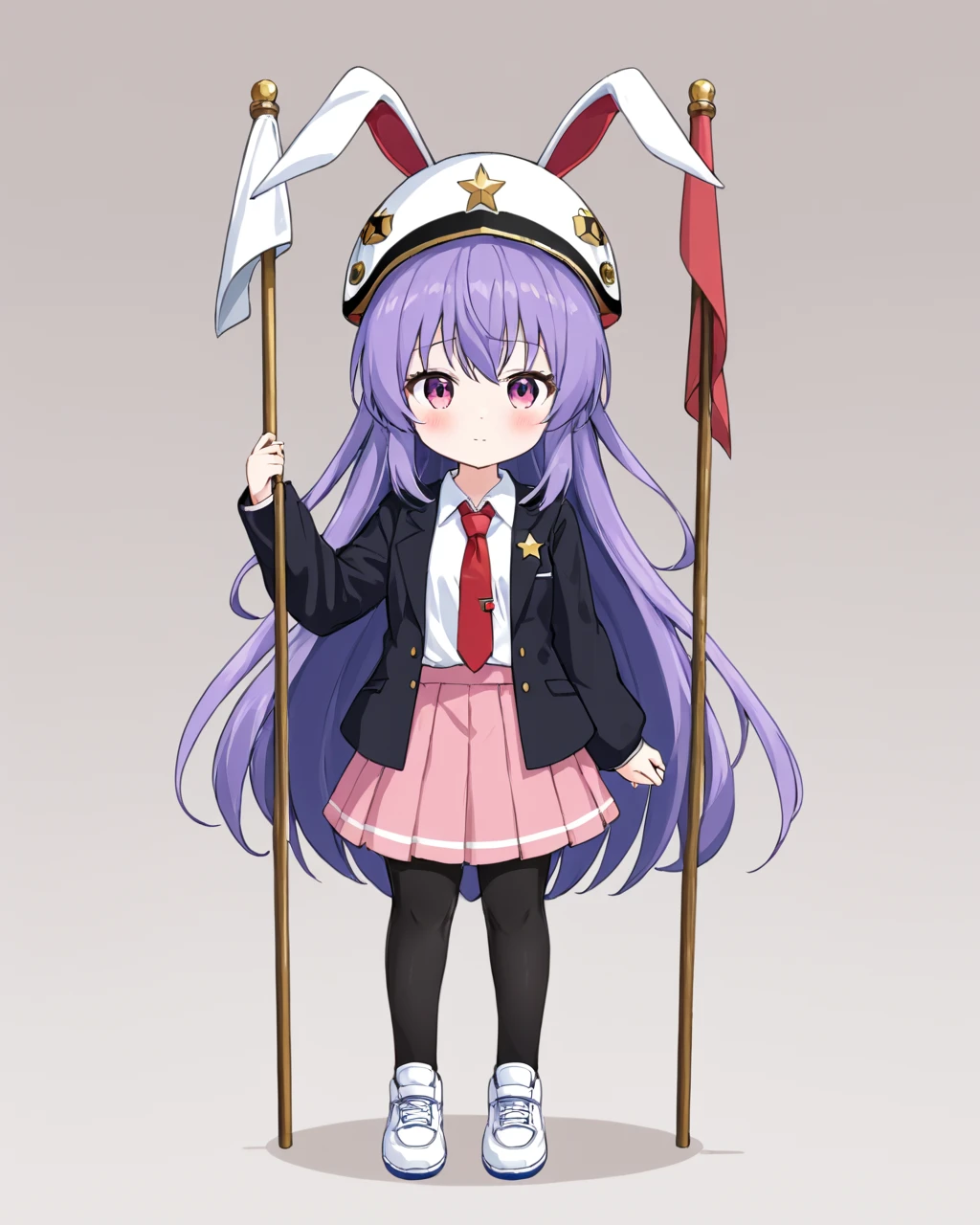 reisen udongein inaba, 1girl, solo, pink_skirt, red_necktie, holding, white_shirt, full_body, long_sleeves, collared_shirt, closed_mouth, flag, standing, black_pantyhose, looking_at_viewer, helmet, blush, black_jacket, sneakers, open_clothes, white_footwear, simple_background, white_background
<lora:reisen_udongein_inaba_image7606_2023-12-20-000006:1>,star-shaped_pupils,symbol-shaped_pupils,. gorgeous,key visual, vibrant, studio anime,award-winning, professional, highly detailed,high budget, cinemascope