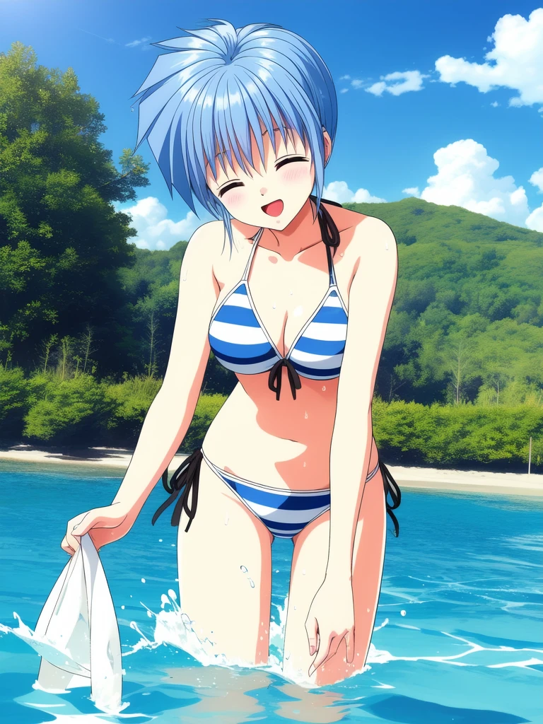 <lora:Nijino_Saki:0.8> NijinoSaki, 1girl, solo, swimsuit, bikini, splashing, water, closed eyes, striped bikini, day, striped, photo (object), wading,
on, large_filesize, full color,