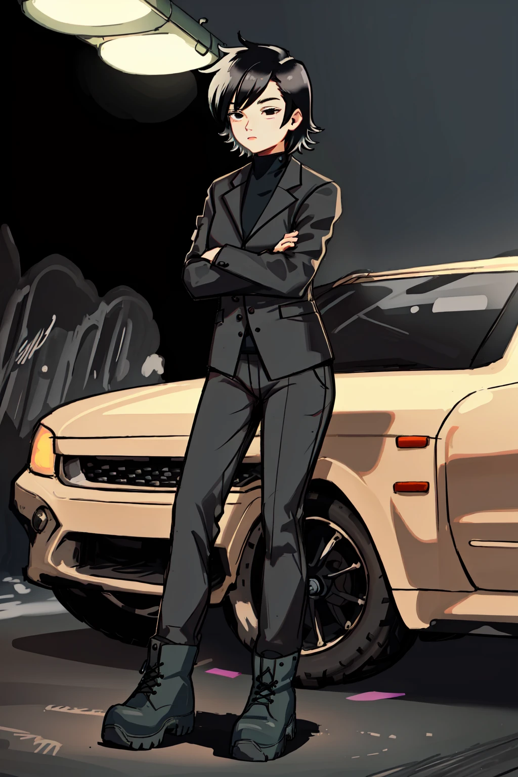 1girl,asukagta,standing rigidly,expressionless,crossed arms,black jacket,black pants,boots,in underground garage,neon colors,black eyes, <lora:AsukaGTA:0.75>, <lora:LORA-XenoDetailer-v2:0.1>