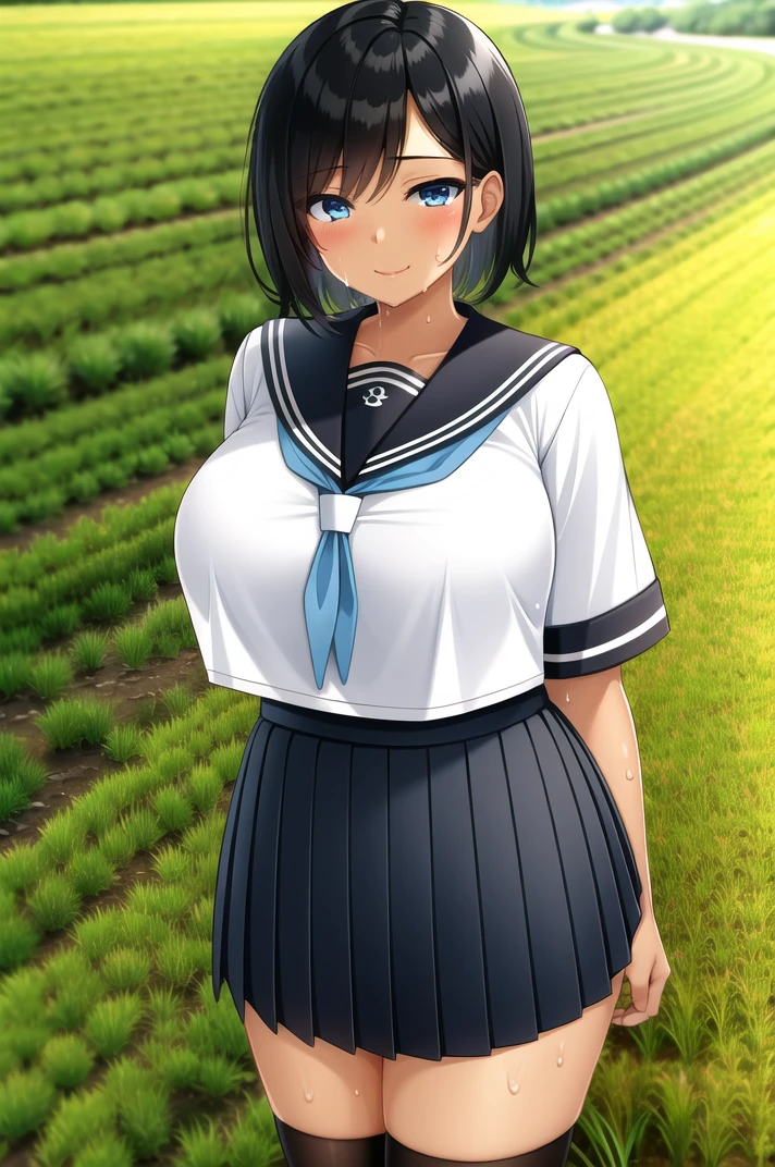 (masterpiece), high quality, (detailed background:1.3), 1girl, solo,
<lora:Summer-v2-07:0.8>, ChopioSummer, black hair, short hair, blue eyes, (dark-skinned female:1.2), (looking at viewer:1.3),
large breasts,
outfit_2, serafuku, white shirt, sailor collar, short sleeves, pleated skirt, black skirt, black kneehighs,
outdoors, sunny, grass, sweat, sweatdrop, <lora:sweat_lotion_v2:0.2>, japanese countryside, rice field,
seductive smile, standing,