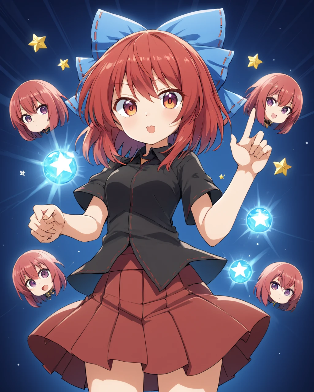 sekibanki,1girl, tongue_out, solo, hair_bow, disembodied_head, white_pupils, looking_at_viewer, multiple_heads, black_shirt, red_skirt, blue_bow
<lora:sekibanki_image5492_2023-12-20-000008:1>,star-shaped_pupils,symbol-shaped_pupils,. gorgeous,key visual, vibrant, studio anime,award-winning, professional, highly detailed,high budget, cinemascope