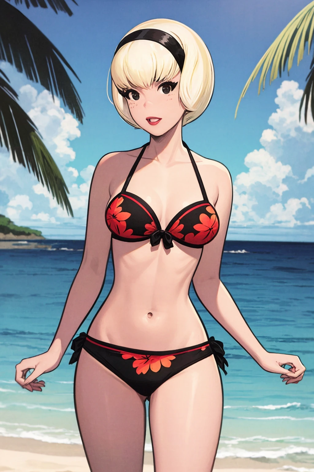 masterpiece, best quality, 1girl, sabrinattw, blonde hair, short hair, hairband, black eyes, bikini, looking at viewer, solo, sea, sand, blue sky, tropical island background <lora:SabrinaTTW:1>