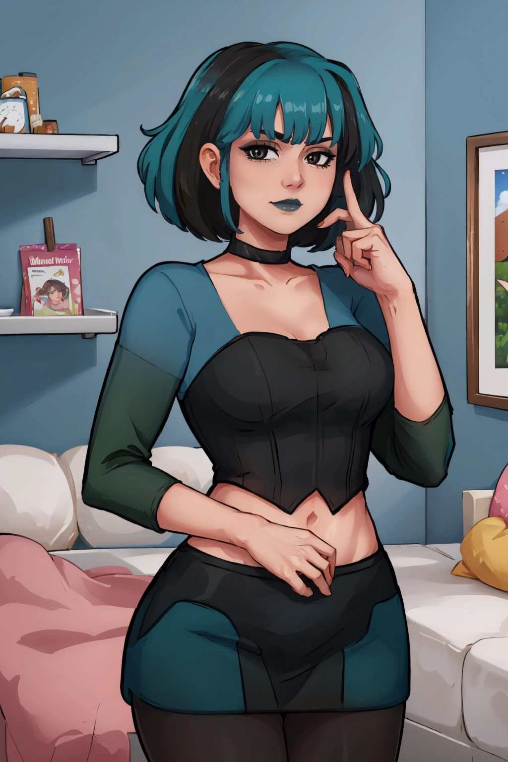 (masterpiece, best quality:1.2), <lora:housechores:.85>, housechores, 1girl, solo, looking at viewer, <lora:gwentd:0.95>, gwentd, makeup, bangs, choker, long sleeves, corset, midriff, pantyhose, skirt