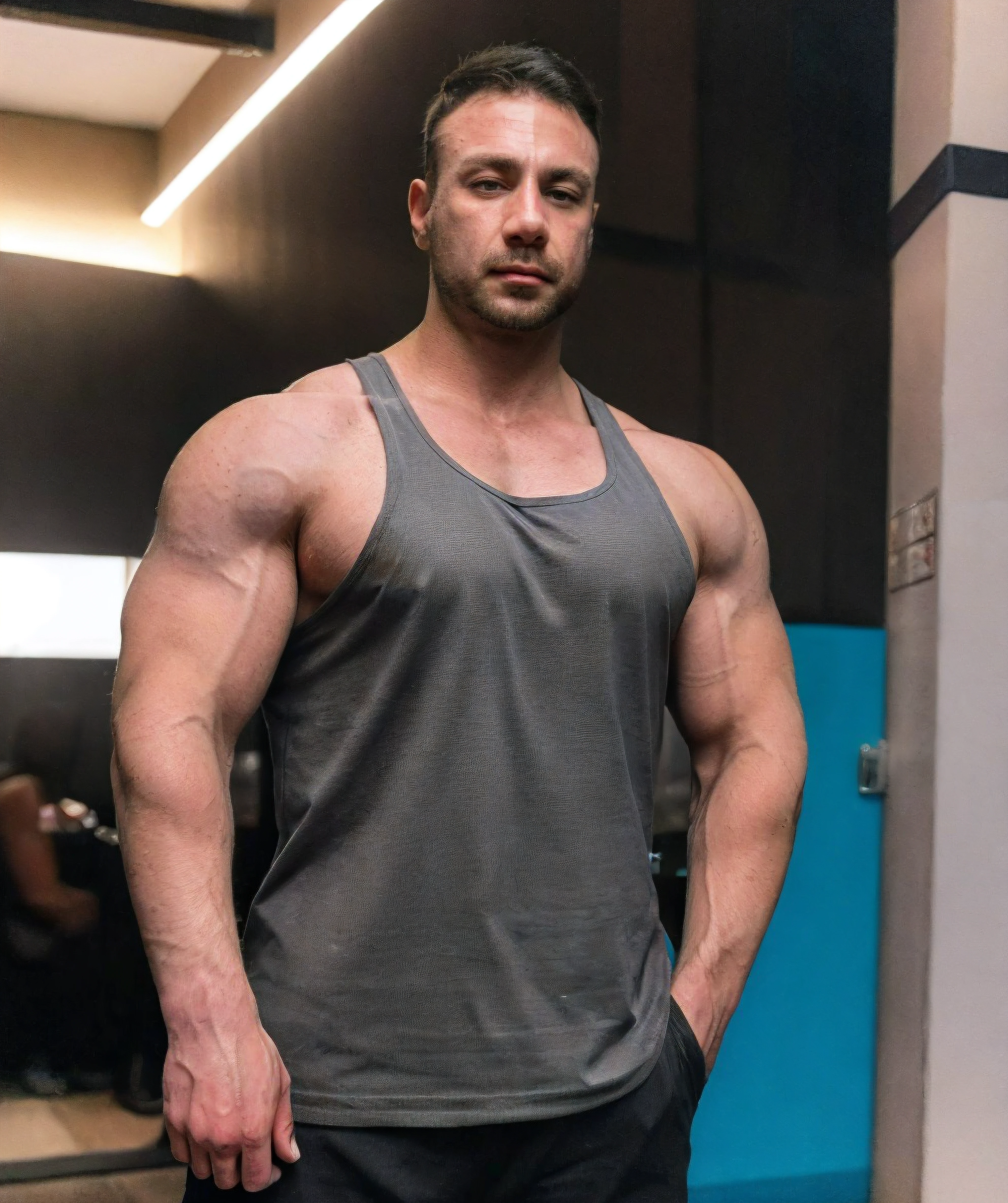 noel_deyzel, black tanktop, grey short, standing, (muscular:1.3229) <lora:Noel_Deyzel:0.8>