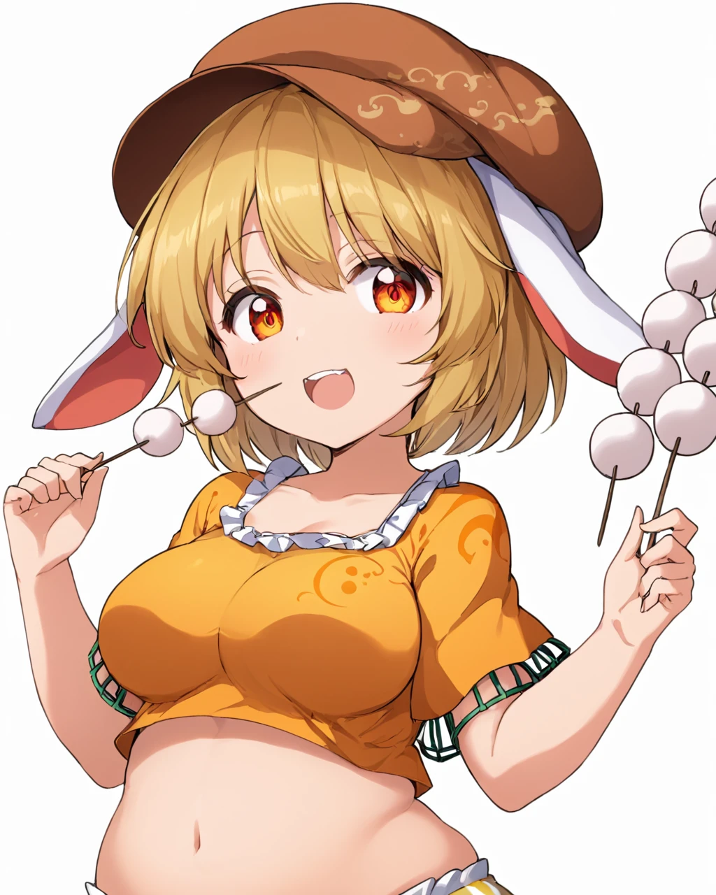 ringo \(touhou\),1girl, dango, solo, plump, eating, skewer, open_mouth, navel, flat_cap, belly, orange_shirt, fat, shorts, midriff, white_background, short_sleeves, looking_at_viewer, striped, cowboy_shot, round_teeth, breasts, simple_background, crop_top, cabbie_hat, tareme, brown_headwear, upper_teeth_only, holding
<lora:ringo_(touhou)_image967_2023-12-20-000015:1>,star-shaped_pupils,symbol-shaped_pupils,. gorgeous,key visual, vibrant, studio anime,award-winning, professional, highly detailed,high budget, cinemascope