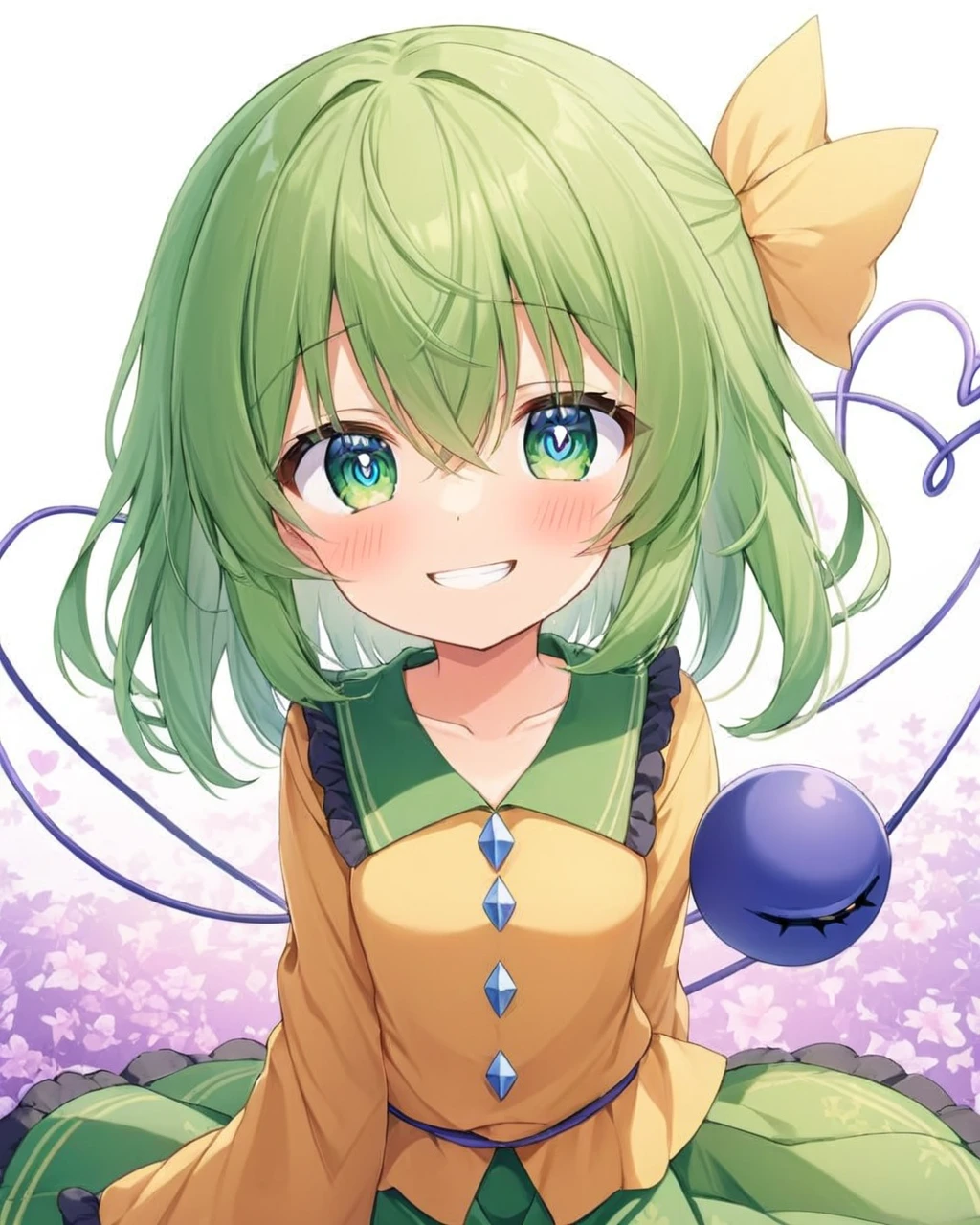 komeiji koishi,1girl, solo, third_eye, yellow_shirt, green_skirt, blush, looking_at_viewer, long_sleeves, no_headwear, white_background, grin, frilled_shirt_collar, floral_background, collarbone, heart_of_string, eyeball
<lora:komeiji_koishi_image10724_2023-12-20-000004:1>,star-shaped_pupils,symbol-shaped_pupils,. gorgeous,key visual, vibrant, studio anime,award-winning, professional, highly detailed,high budget, cinemascope