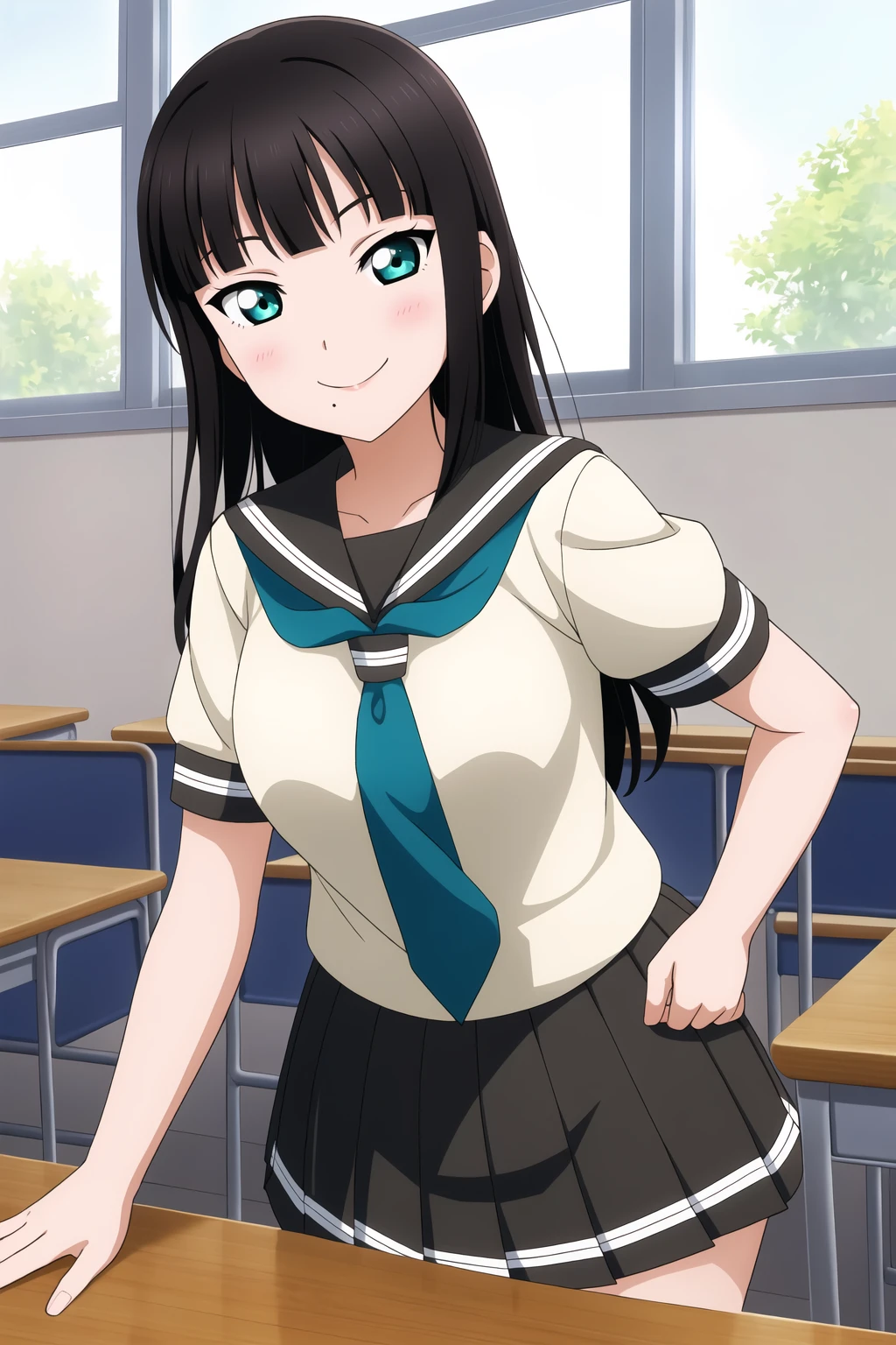 masterpiece, best quality, highres, absurdres, 1girl,
<lora:DiaKurosawa_Mistoon_Locon_CulturedDiffusion:0.6>, dia kurosawa, black hair, aqua eyes, mole under mouth,
school uniform,
classroom, table, chair,
seductive smile, hand on hip, lying