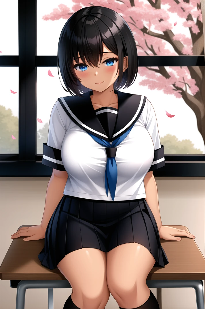 (masterpiece), high quality, (detailed background:1.3), 1girl, solo,
<lora:Summer-v2-07:0.8>, ChopioSummer, black hair, short hair, blue eyes, (dark-skinned female:1.2), (looking at viewer:1.3),
large breasts,
outfit_2, serafuku, white shirt, sailor collar, short sleeves, pleated skirt, black skirt, black kneehighs,
school, classroom, desks, leaning on desk,
seductive smile, sitting, window, sunny, cherry blossoms, falling petals,