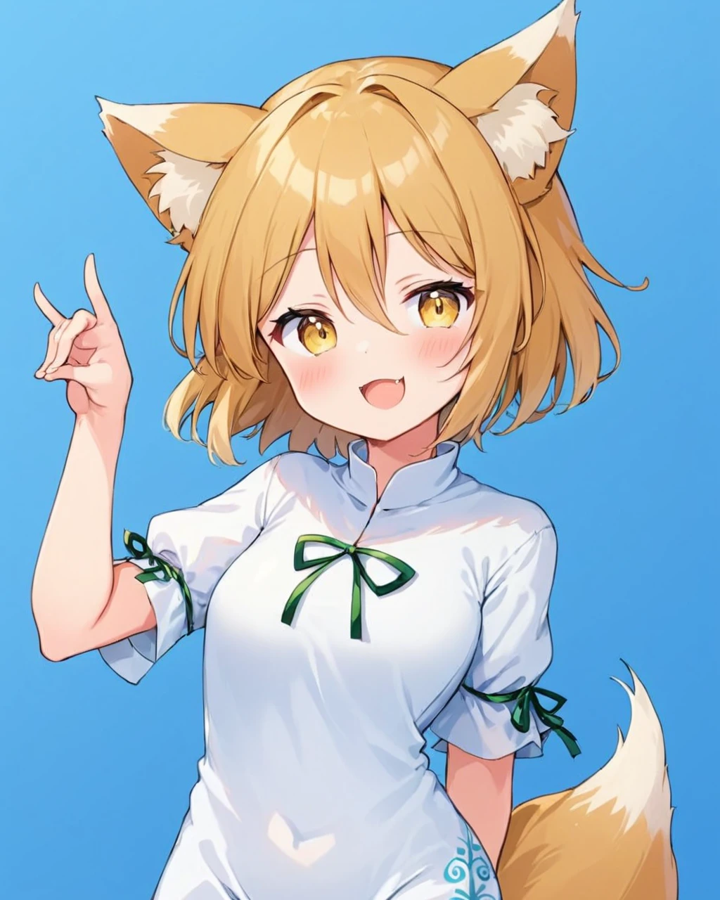 kudamaki tsukasa,1girl, solo, fox_tail, open_mouth, blush, blue_background, simple_background, romper, short_sleeves, fangs, looking_at_viewer, green_ribbon, smile, hand_up, fox_shadow_puppet, standing, animal_ear_fluff, green_bow, cowboy_shot, fox_girl
<lora:kudamaki_tsukasa_image1939_2023-12-20-000014:1>,star-shaped_pupils,symbol-shaped_pupils,. gorgeous,key visual, vibrant, studio anime,award-winning, professional, highly detailed,high budget, cinemascope