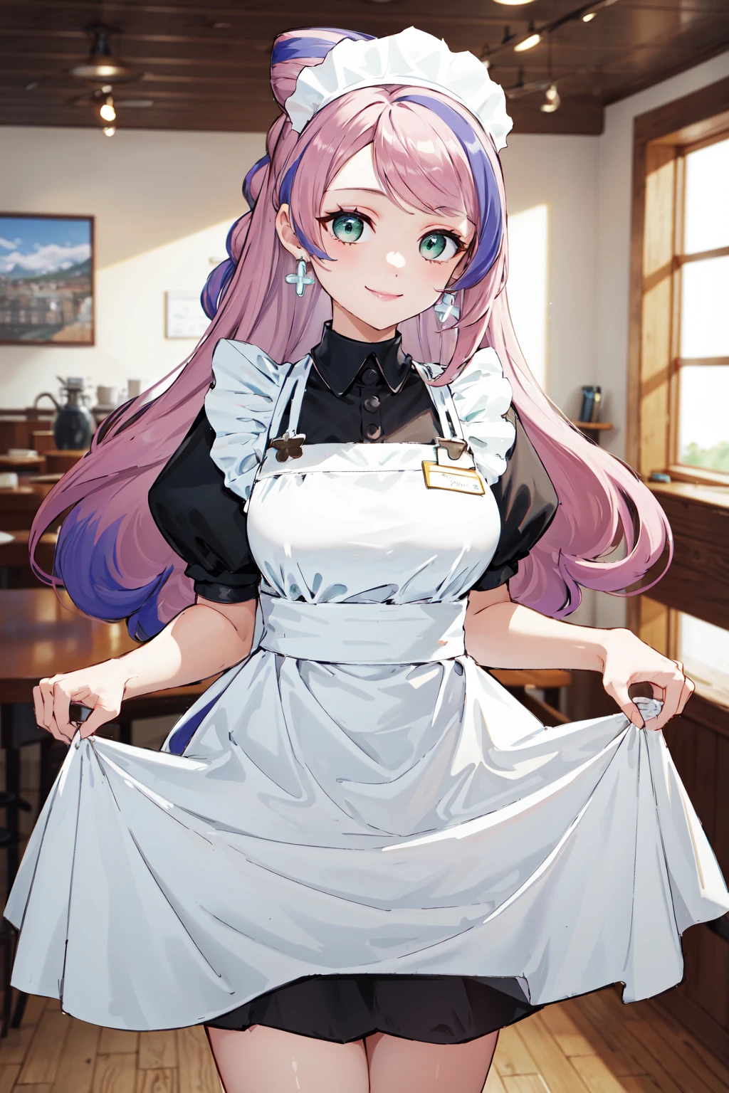 masterpiece,best quality,highres,ultra-detailed,aamiriam,multicolored hair,long hair,hair bun,bangs,earrings,large breasts,<lora:miriam_(pokemon):0.8>,indoors,cafe,maid,maid headdress,apron,(skirt hold:1.2),standing,cowboy shot,smile,