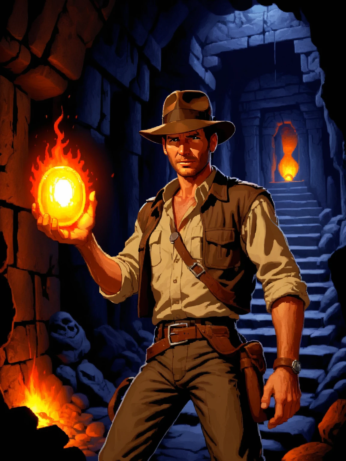 lucasarts style, indiana jones is holding a glowing oblong stone in a dark dungeon temple with a large lava molten pit <lora:lucasarts style:1>