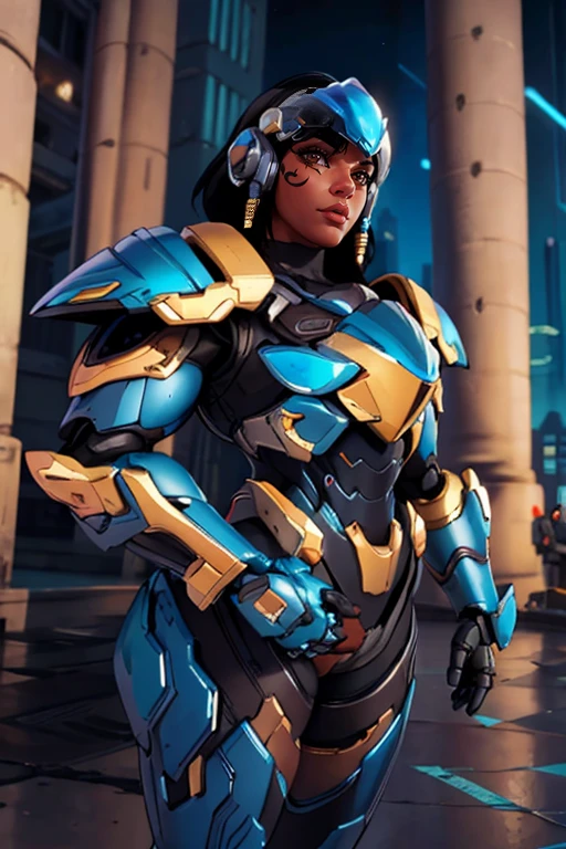 masterpiece,best quality,extreme detail,8k,image sharpness,<lora:pharah-10:0.8>, pharah2,1girl,solo,black hair,brown eyes,dark skin,armor,blurry,dark-skinned female,lips,tattoo,blurry background,helmet,building,headwear removed,facial tattoo,power armor,helmet removed,holding helmet,eye of horus,