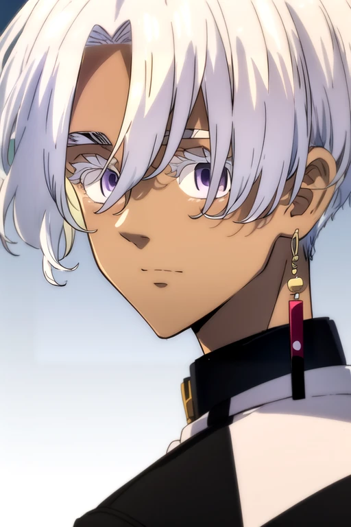 (best quality:1.1), (masterpiece:1.4), , , , , anime coloring, realistic, 1boy, solo, male focus, <lora:izana_kurokawa:0.94>, izana_kurokawa, white hair, purple eyes, dark-skinned male, dark skin, , , golf cap, gradient,