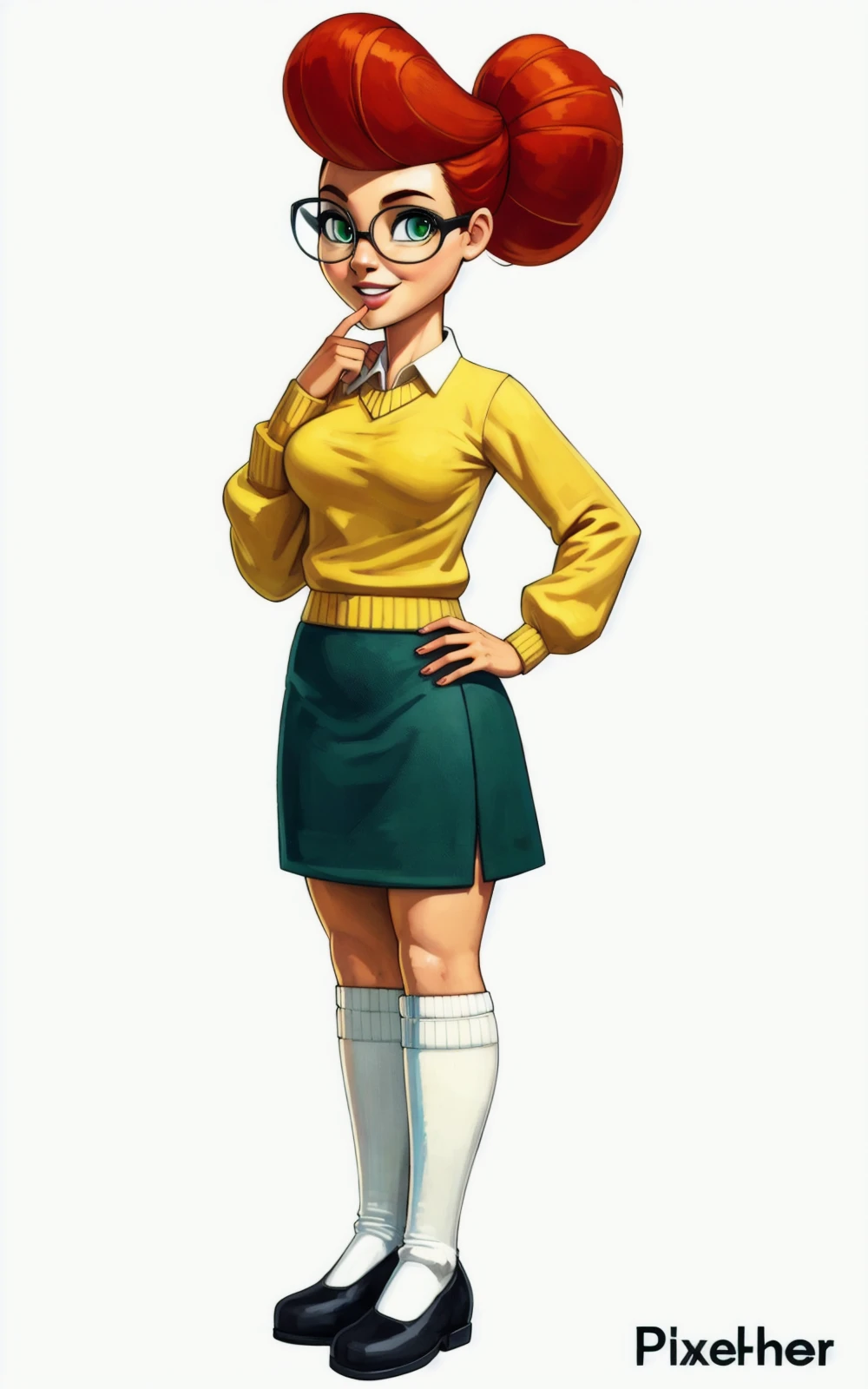 8k,4k,((Best quality, masterpiece, ultra high resolution)),((full body, by pixelsketcher)), <lora:Scarlett:0.7>,glasses, green eyes, sweater, red hair, socks, skirt,socks,green skirt, white socks,collared shirt, orange hair,yellow sweater, kneehighs, black footwear, shoes,white background,human,long hair, Smile,breast,long shot,hair bunsingle hair bun, [pompadour],Scarlett