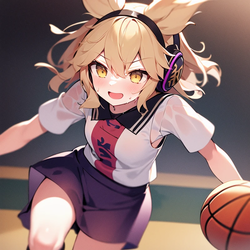 1girl, solo, masterpiece, best quality, illustration, absurdres, cute, film_grain, extremely detailed face, perfect lighting, smile, cowboy shot, <lora:toyosatomimi_no_miko:0.8>, miko_taoist, toyosatomimi no miko, short hair, pointy hair, earmuffs, bangs, small breasts, blonde hair, brown hair, brown eyes, yellow eyes, see-through, basket ball, basket uniform, holding, holding basketball, sweat, wet, serious, running effect, fast action, basketball court, open mouth, physical sport, running, looking away, dribbling,