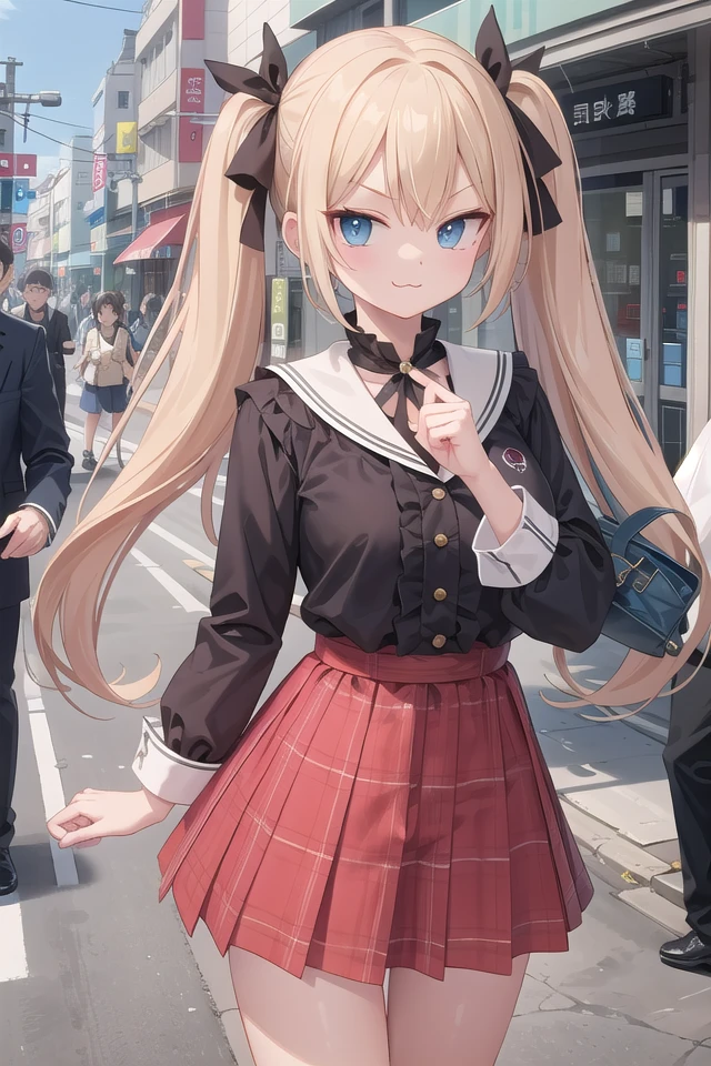 insanely detailed, absurdres, ultra-highres, ultra-detailed, best quality,
1girl, solo, nice hands, perfect hands,
BREAK
lanky,gothic dress,nylon clothes,denim dress,saddle jacket,red tartan-check pleated skirt
BREAK
(smirking, evil smile:1.2), closed mouth, (:3:1.3), v-shaped eyebrows, standing
BREAK
slender, kawaii, perfect symmetrical face, ultra cute girl, ultra cute face, ultra detailed eyes, ultra detailed hair, ultra cute, ultra beautiful,
BREAK
in harajuku, shibuya, tokyo, street, crowd, cityscape,
BREAK
medium large breasts,
blonde hair, blue eyes, twintails