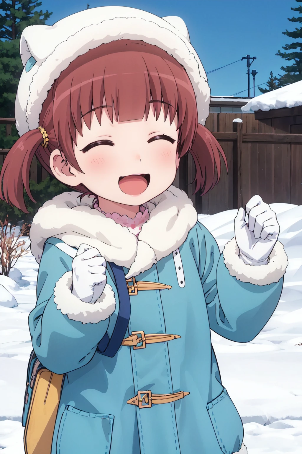 <lora:0 nonshiori:1>,nonshiori,little_girl,a very young child,in winter,winter_clothes,:d,closed eyes,frilled_gloves,