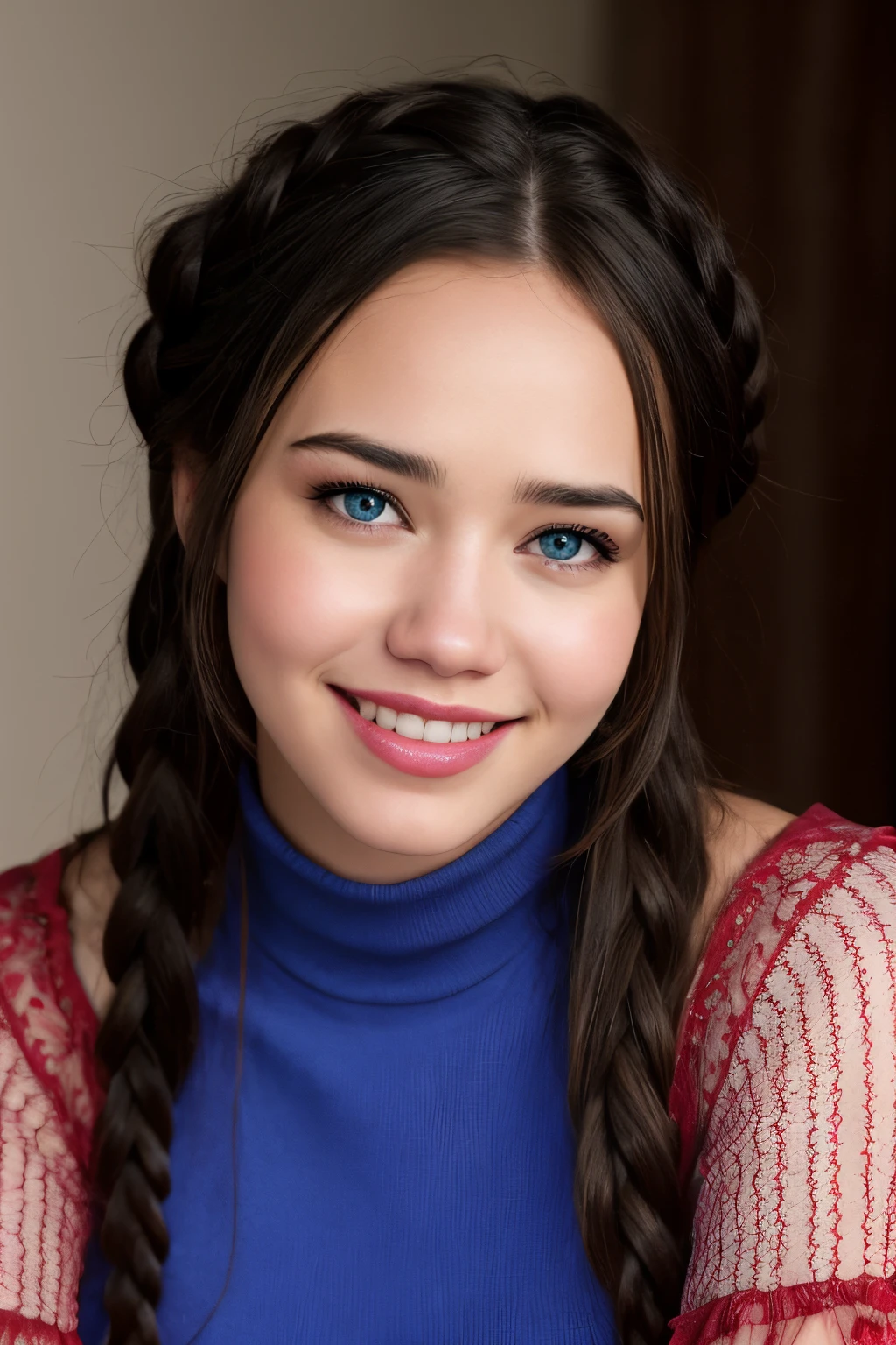 (photo realistic), photo of (LydiaViolet:0.99), (beautiful face), detailed (blue) eyes, gloss pink lipstick, 2 long braids, big smile, (matching eyes:1.2), (detailed skin texture), wearing (tight red dress:1.2) at (photoshoot:1.2), (soft lighting:1.2), 4K, sharp focus