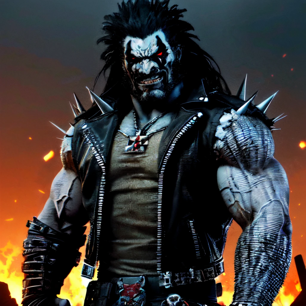((standing on a hill of skulls, explosions and fire in background)), high detail skin, high detail eyes, high detail hair, highres, ultra detailed, sharpen picture, Highly detailed, masterpiece, best quality, <lora:LoboLoRA:1> lobo with long hair, face paint, glowing red eyes, wearing rockeroutfit leather jacket armor chains and spikes skulls