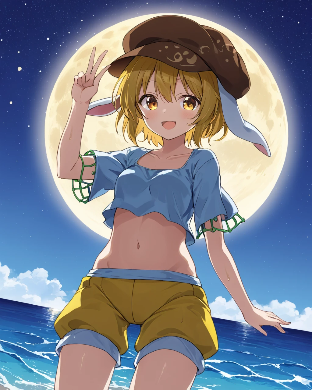 ringo \(touhou\),1girl, one_eye_closed, solo, navel, midriff, open_mouth, smile, flat_cap, crop_top, collarbone, looking_at_viewer, star_\(sky\), rabbit_tail, full_moon, water, short_sleeves, starry_sky, ;d, night_sky, beachball, yellow_shorts, holding, stomach, ocean, outdoors, beach, wet_shirt, cowboy_shot
<lora:ringo_(touhou)_image967_2023-12-20-000015:1>,star-shaped_pupils,symbol-shaped_pupils,. gorgeous,key visual, vibrant, studio anime,award-winning, professional, highly detailed,high budget, cinemascope