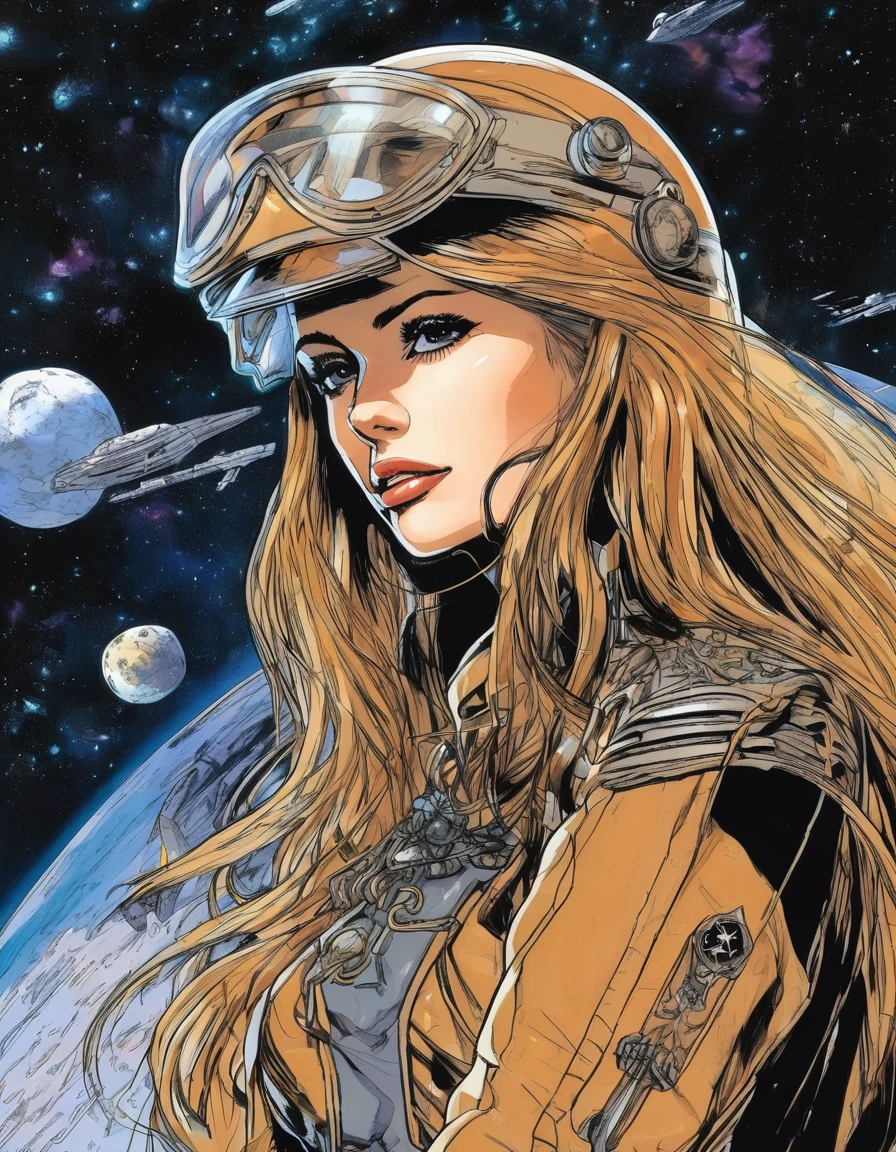 A dynamic illustration by Leiji Matsumoto; showing a space pirate woman ((looking like mikaxl6)), commanding her crew aboard an interstellar galleon, featuring distinct, sharp eyes, a confident smirk with detailed lips, a long cape fluttering, and her striking pose under starlit cosmos.