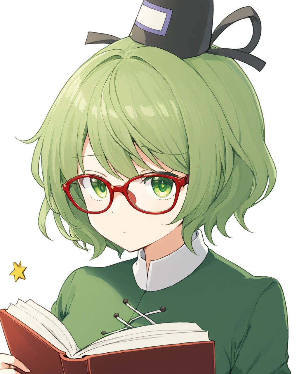 soga no tojiko,1girl, solo, tate_eboshi, bespectacled, white_background, book, upper_body, simple_background, red-framed_eyewear, green_dress, reading, long_sleeves
<lora:soga_no_tojiko_image2295_2023-12-20-000010:1>,star-shaped_pupils,symbol-shaped_pupils,. gorgeous,key visual, vibrant, studio anime,award-winning, professional, highly detailed,high budget, cinemascope