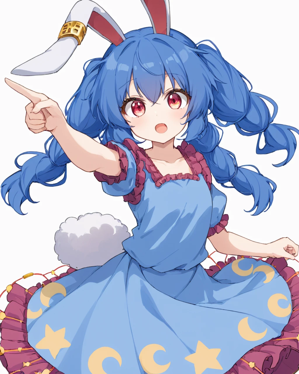 seiran \(touhou\),1girl, solo, earclip, open_mouth, kine, rabbit_tail, pointing_at_viewer, star_\(symbol\), looking_at_viewer, white_background, blue_dress, finger_gun, star_print, :d, crescent, simple_background, crescent_print, holding, upper_teeth_only, blue_skirt, v-shaped_eyebrows, twintails, puffy_short_sleeves, frills, shirt
<lora:seiran_(touhou)_image1670_2023-12-20-000010:1>,star-shaped_pupils,symbol-shaped_pupils,. gorgeous,key visual, vibrant, studio anime,award-winning, professional, highly detailed,high budget, cinemascope
