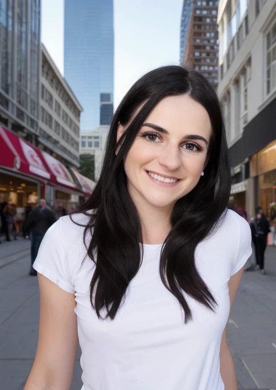 a girl wearing a t-shirt in a busy city , portrait, close-up, 1girl, solo, black hair, long hair, brown eyes, looking at viewer, smile, grin, head tilt  <lora:violetr:0.4>, realistic, BREAK, highly detailed, ultra detailed, hyperdetailed, BREAK, (ultra realistic) (((photo realistic))) BREAK