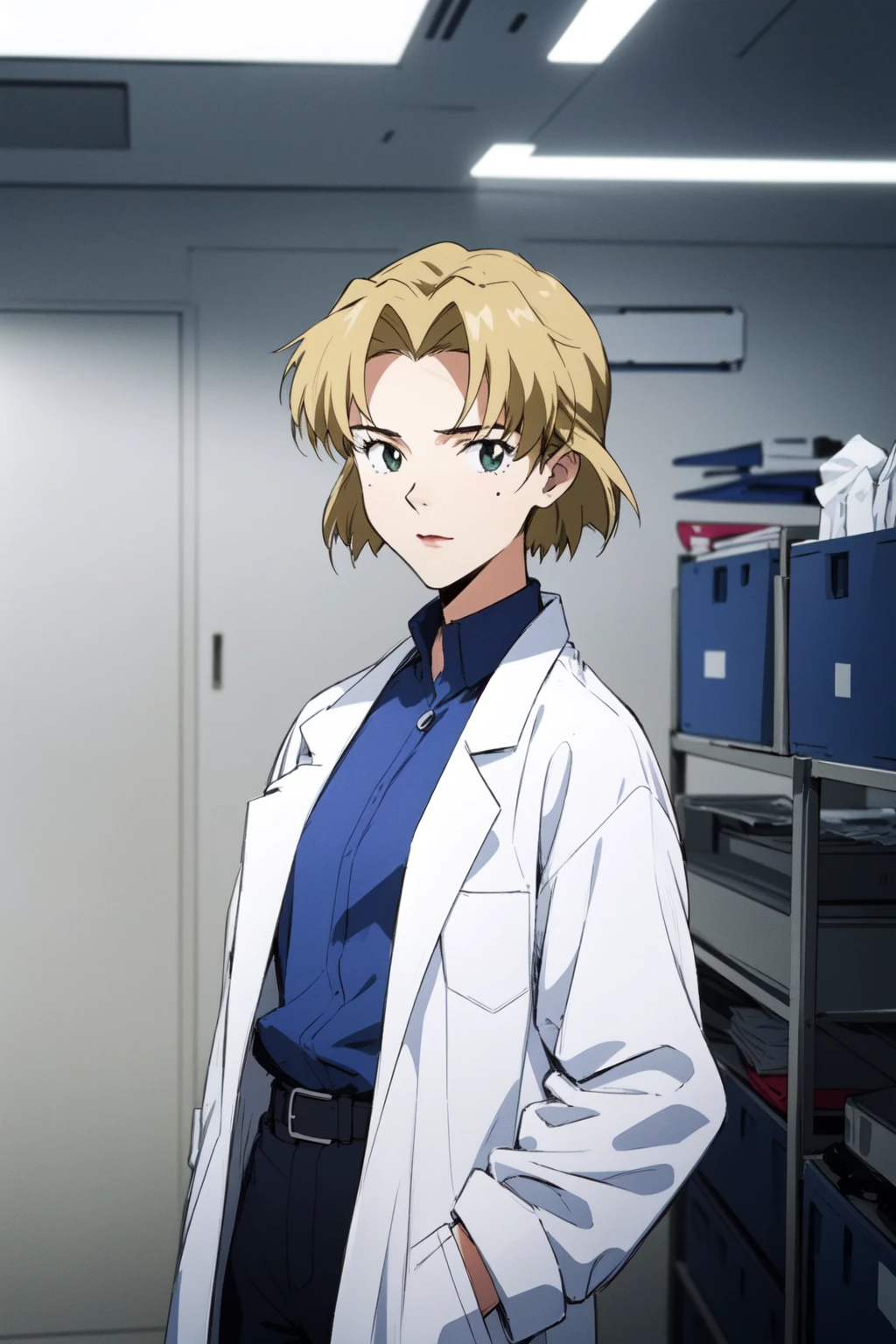 (RAW photo, best quality), 1girl, natural lighting,
<lora:evangelion_ritsuko_akagi_v2_2:0.8> ritsuko akagi, upper body, eva anime style,
doctor's coat over surgical scrubs,