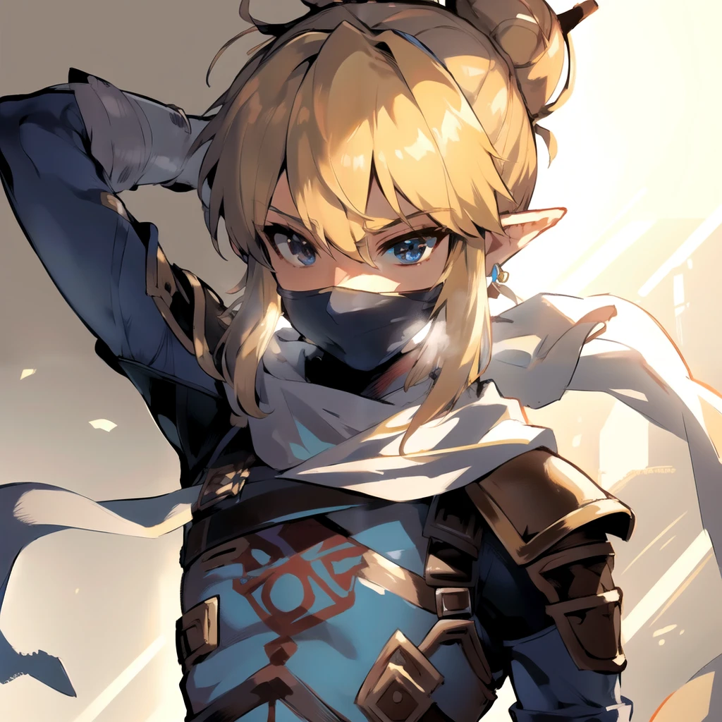 (masterpiece), (best quality),
solo,1boy,
linksheikah, looking_at_viewer, male_focus, covered_mouth, bangs, gloves, sidelocks, hair_bun <lora:Link_Sheikah_Armor_Set_LoRA:0.8>