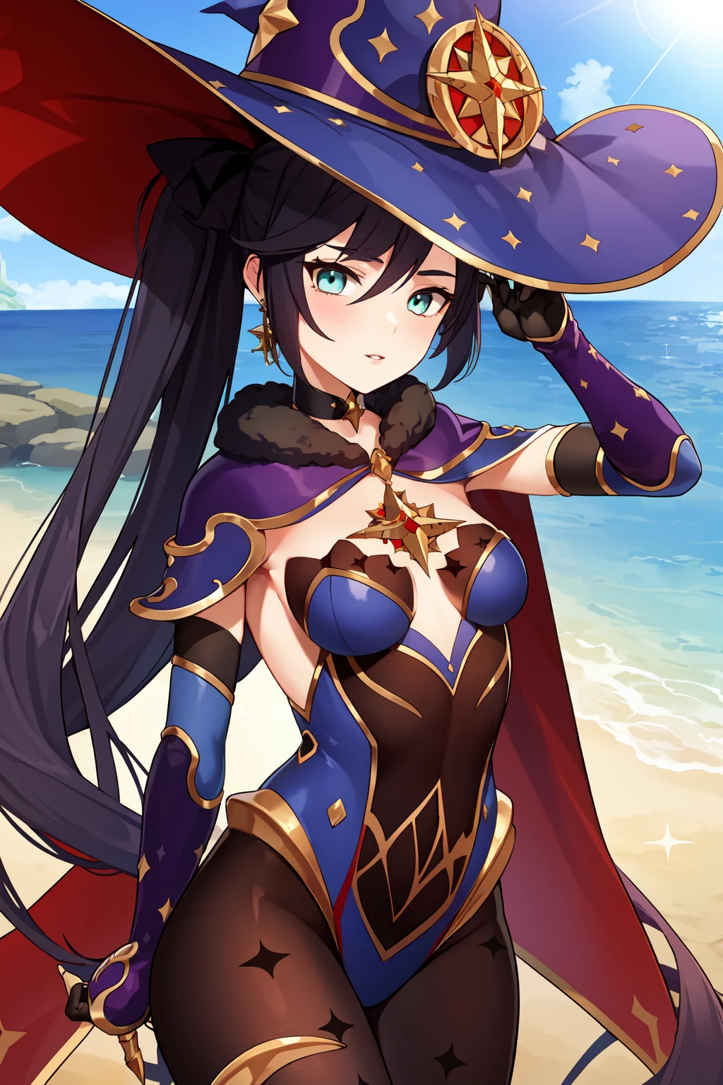best quality, masterpiece, <lora:Monav3:0.7> Mona, witch hat, bodystocking, choker, hair ribbon, earring, capelet, detached sleeves, arm up, parted lips, looking at viewer, glint, lens flare, light rays, sparkle, ocean, horizon, cowboy shot, cloudy sky