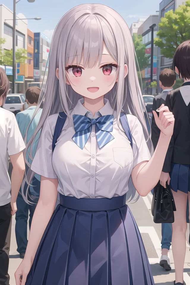 insanely detailed, absurdres, ultra-highres, ultra-detailed, best quality,
1girl, solo, nice hands, perfect hands
BREAK
summer uniform with indigo blue bowtie, (short sleeves, dark blue skirt, pleated skirt:1.3), (indigo blue:1.3) bowtie, (white shirt:1.3), shirt with white button, (skirt with many pleats:1.4), plain shirt, plain skirt, (striped bowtie:1.3), shirt_tucked_in ,
BREAK
happy smile, laugh, open mouth, standing,
(45 angle:-1.5), (from side:-1.5),
cute pose, cowboy shot,
BREAK
slender, kawaii, perfect symmetrical face, ultra cute girl, ultra cute face, ultra detailed eyes, ultra detailed hair, ultra cute, ultra beautiful,
BREAK
in harajuku, shibuya, tokyo, street, crowd, cityscape,
BREAK
medium large breasts,
(grey hair, red eyes),