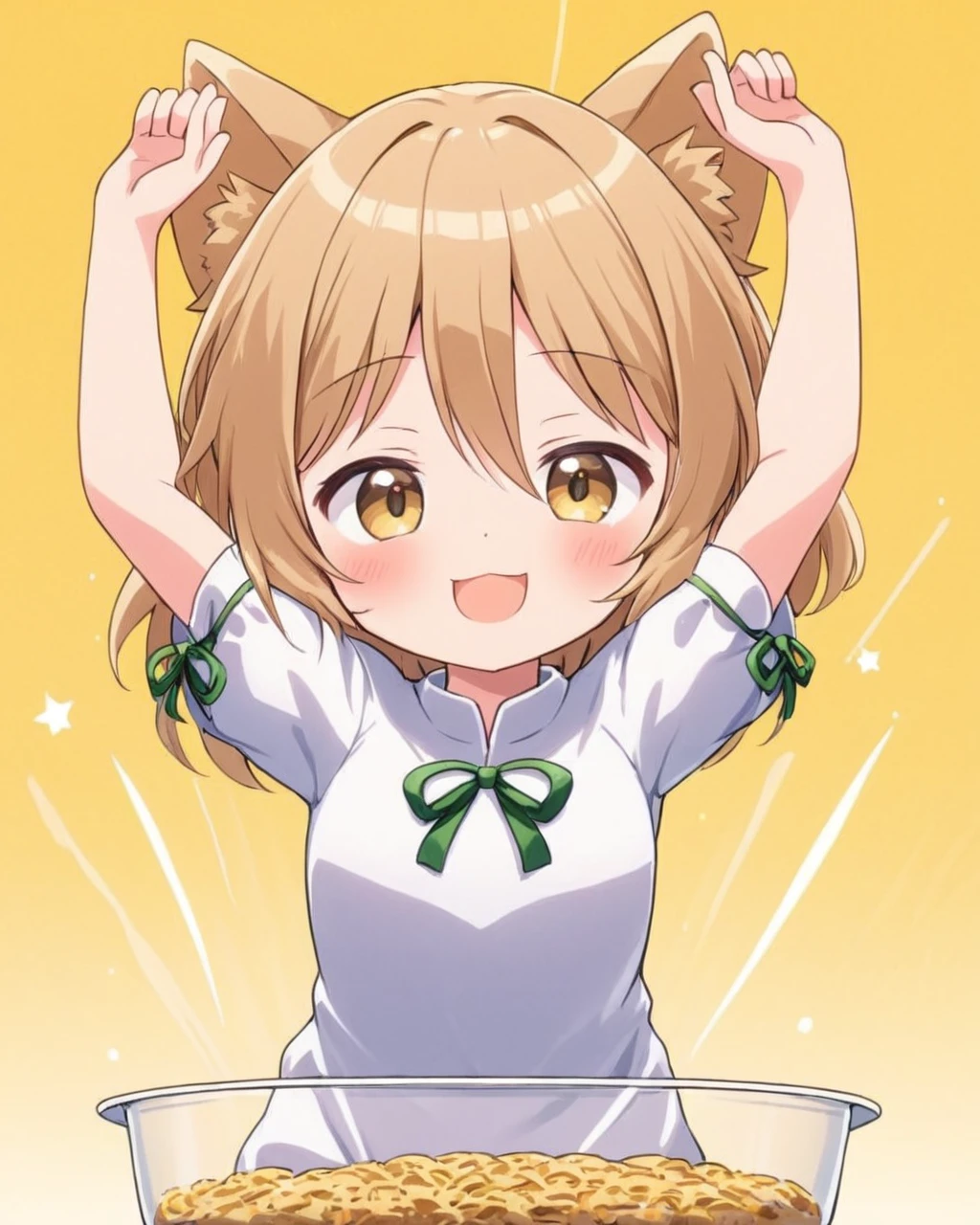kudamaki tsukasa,1girl, solo, open_mouth, romper, smile, blush, green_ribbon, short_sleeves, motion_lines, yellow_background, signature, facing_viewer, bow, in_container, arms_up
<lora:kudamaki_tsukasa_image1939_2023-12-20-000014:1>,star-shaped_pupils,symbol-shaped_pupils,. gorgeous,key visual, vibrant, studio anime,award-winning, professional, highly detailed,high budget, cinemascope