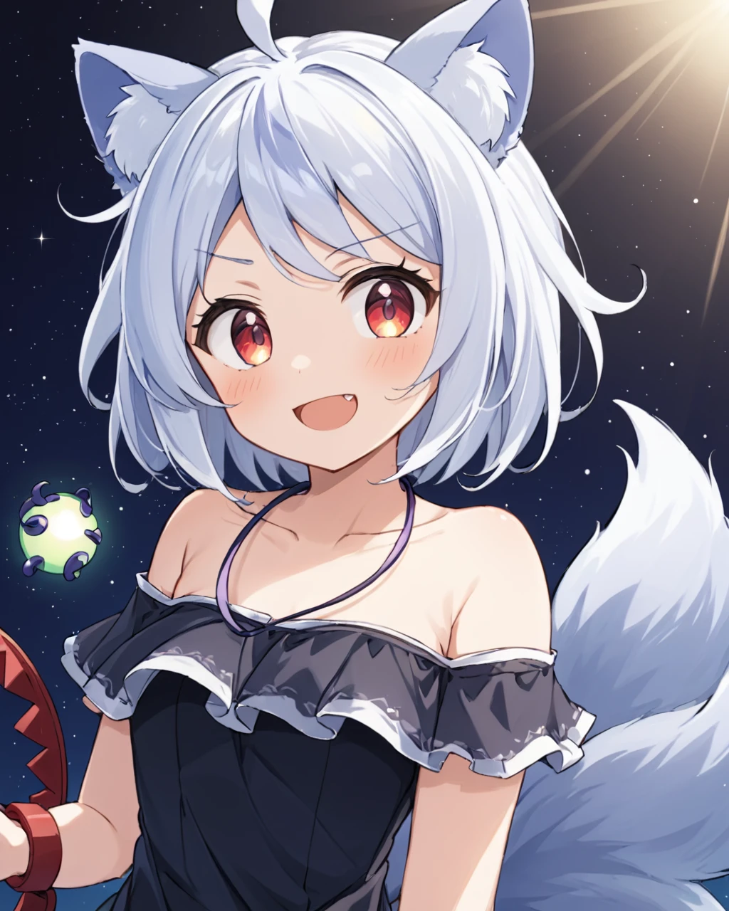 mitsugashira enoko,1girl, open_mouth, ahoge, solo, skin_fang, upper_body, looking_at_viewer, twitter_username, thick_eyebrows, tail, smile, short_eyebrows, collarbone, off_shoulder, animal_ear_fluff, black_dress
<lora:mitsugashira_enoko_image296_2023-12-20-000030:1>,star-shaped_pupils,symbol-shaped_pupils,. gorgeous,key visual, vibrant, studio anime,award-winning, professional, highly detailed,high budget, cinemascope