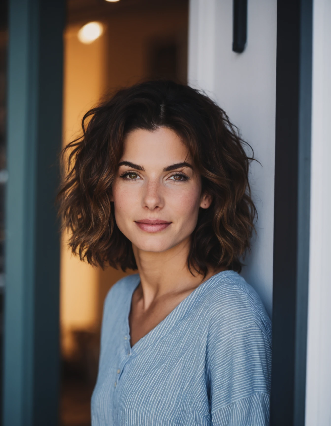 cinematic photo professional close-up portrait photography of the face of a beautiful (((ohwx woman))) at doorway during Midday, Nikon Z9 <lora:bullock_dh128_v1-step00008000:1.1> . 35mm photograph, film, bokeh, professional, 4k, highly detailed