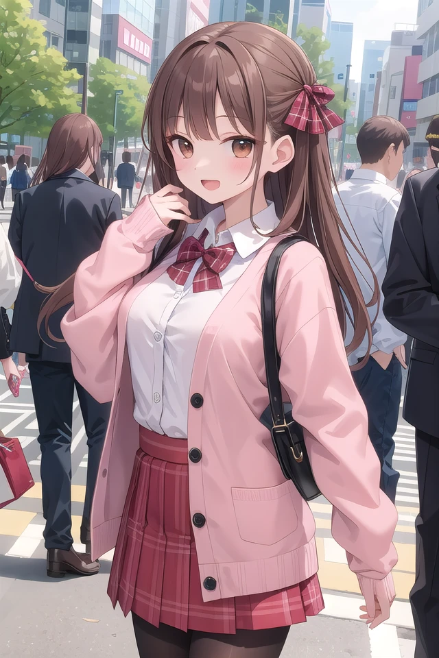 insanely detailed, absurdres, ultra-highres, ultra-detailed, best quality,
1girl, solo, nice hands, perfect hands
BREAK
(School Uniforms:1.2), (pink cardigan is fit body:1.4), ((do up a buttons, not loose):1.5), ((long sleeve, sleeves past wrists):1.2), (inner wear is white collared-shirt:1.3), (red plaid-pattern bow:1.3), (red plaid-pattern pleated skirt:1.3), ((dark-brown pantyhose, loafers):1.2) ,
BREAK
happy smile, laugh, open mouth, standing,
from side,
cute pose, cowboy shot,
BREAK
slender, kawaii, perfect symmetrical face, ultra cute girl, ultra cute face, ultra detailed eyes, ultra detailed hair, ultra cute, ultra beautiful,
BREAK
in harajuku, shibuya, tokyo, street, crowd, cityscape,
BREAK
medium large breasts,
(brown hair, brown eyes), hime cut
