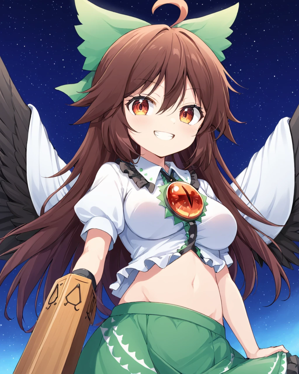 reiuji utsuho,1girl, solo, green_bow, third_eye, puffy_short_sleeves, collared_shirt, arm_cannon, green_skirt, white_shirt, hair_bow, white_cape, bird_wings, looking_at_viewer, navel, starry_sky_print, black_wings, grin, frilled_shirt_collar, ahoge, midriff, cowboy_shot, breasts, hand_on_own_arm, crossed_arms, gradient, gradient_background
<lora:reiuji_utsuho_image6498_2023-12-20-000005:1>,star-shaped_pupils,symbol-shaped_pupils,. gorgeous,key visual, vibrant, studio anime,award-winning, professional, highly detailed,high budget, cinemascope